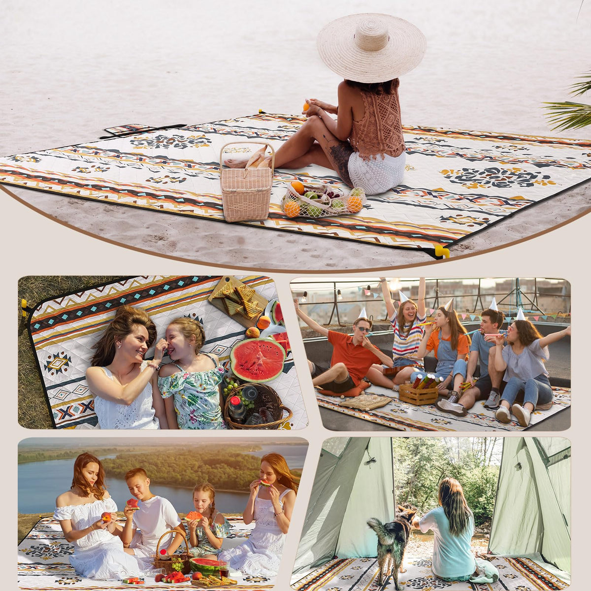 HAUSPROFI Extra Large Picnic Blanket 80"x80" – Waterproof Outdoor Mat for Beach, Camping, Park & Garden, Portable with Carry Strap & 4 Stakes, Machine Washable, Bohemian Pattern
