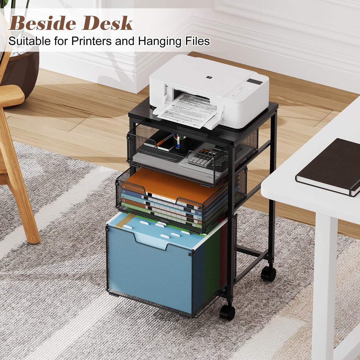 Sbanmao Rolling File Cart with 3 Drawers, Filing Cabinet, Hanging Folder Holder Organizer with Wheels, Under Desk Storage Utility Cart, File Cabinet Printer Stand for Home Office, Black