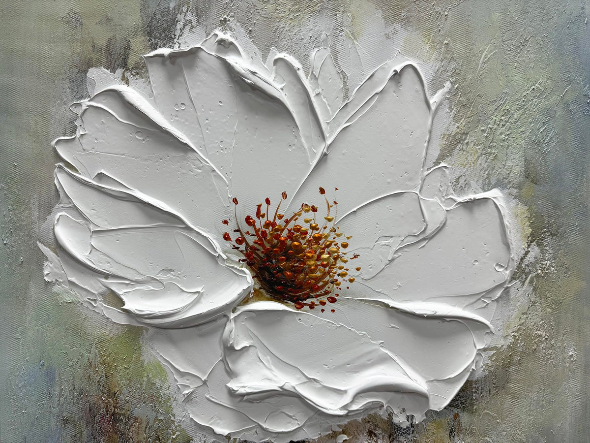 moshinart 24 x 36in Hand-Painted Oil Painting 3D Texture Black White Grey Modern Minimalist Black Abstract Wall Art, Home Office Wall Decoration White Flower