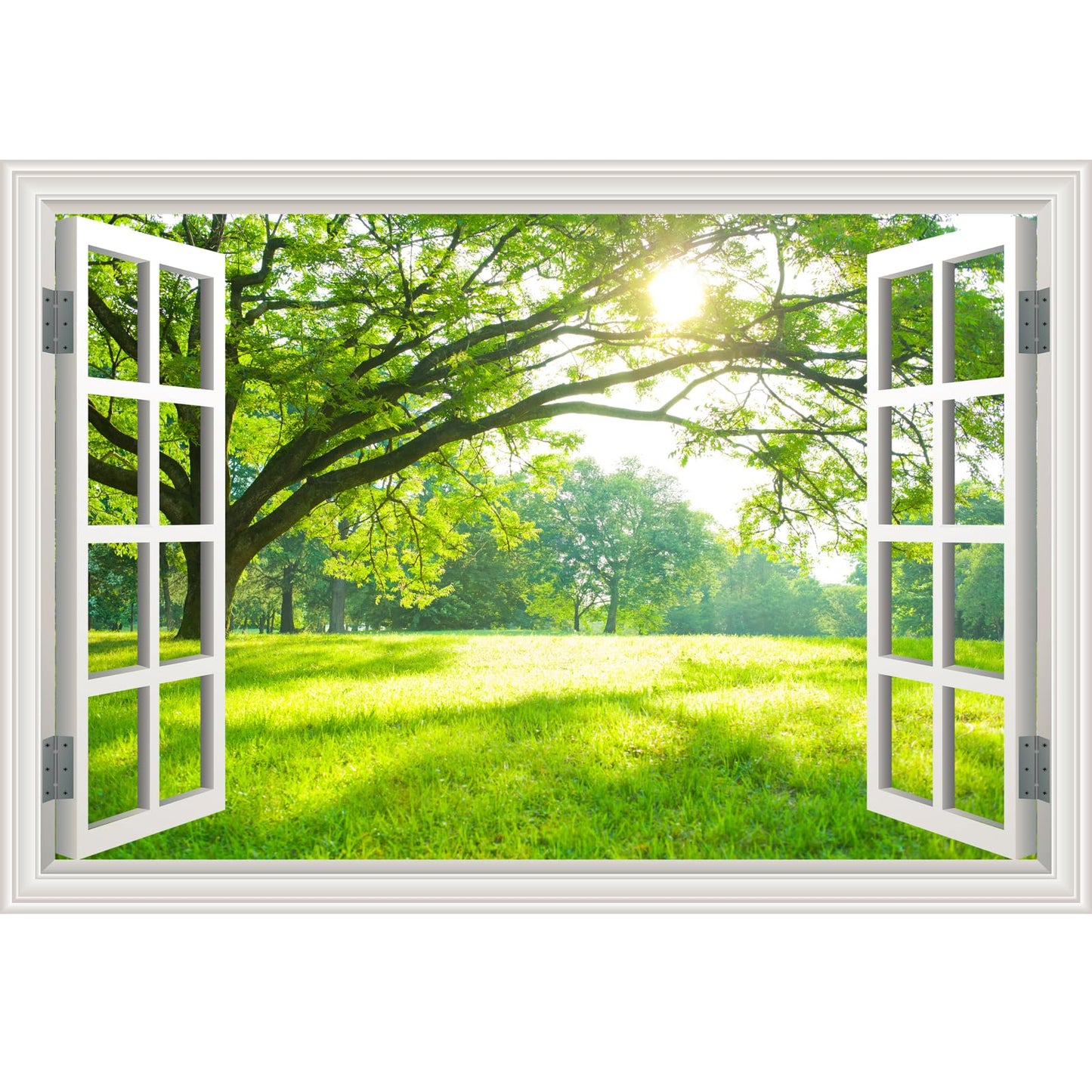 Natural Scenery Spring Green Forest Tree Scene Wall Art Poster Fake Window Wall Mural Faux Window Wall Sticker for Office Home Room Decor, Peel and Stick Wall Decals 48" x 66" Set of 4 Sheets