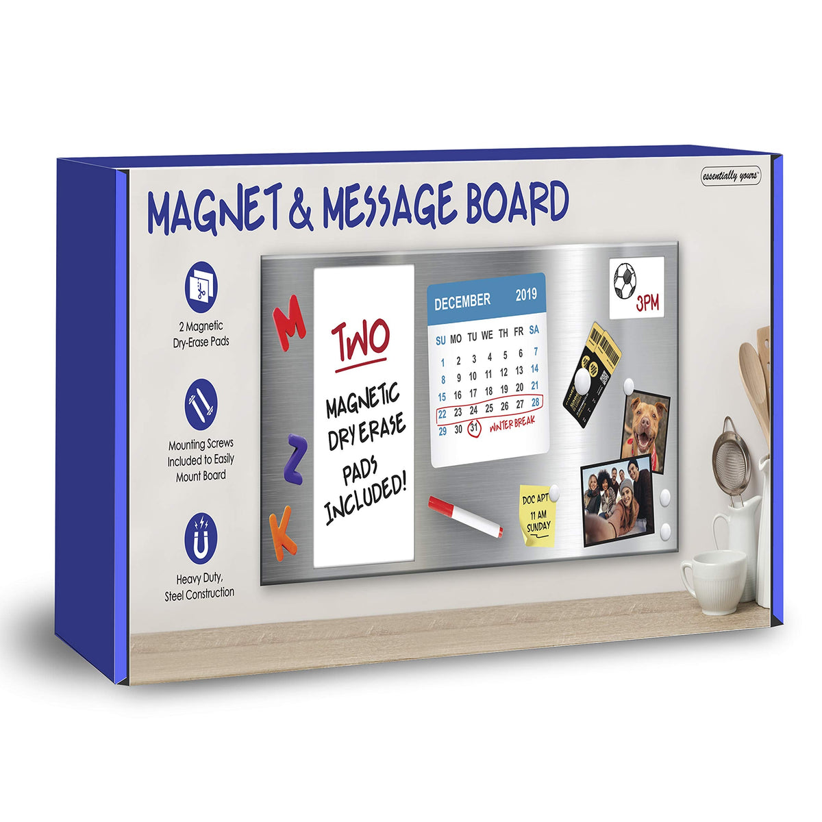 Essentially Yours Magnet and Message Board | Large Mountable 30 x 14 x 0.7 Inch Steel Bulletin Board (Silver)