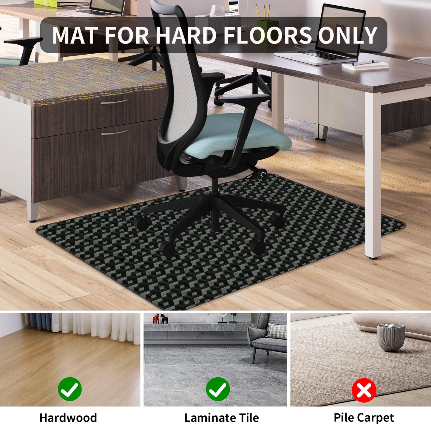 Office Chair Mat for Hardwood Floors, 48" x 36" Black 3D Pattern PVC Chair Mat, Heavy Duty Floor Protector for Rolling Chair, Easy Glide and Clean, Under Computer Desk Floor Mat for Home & Office Use