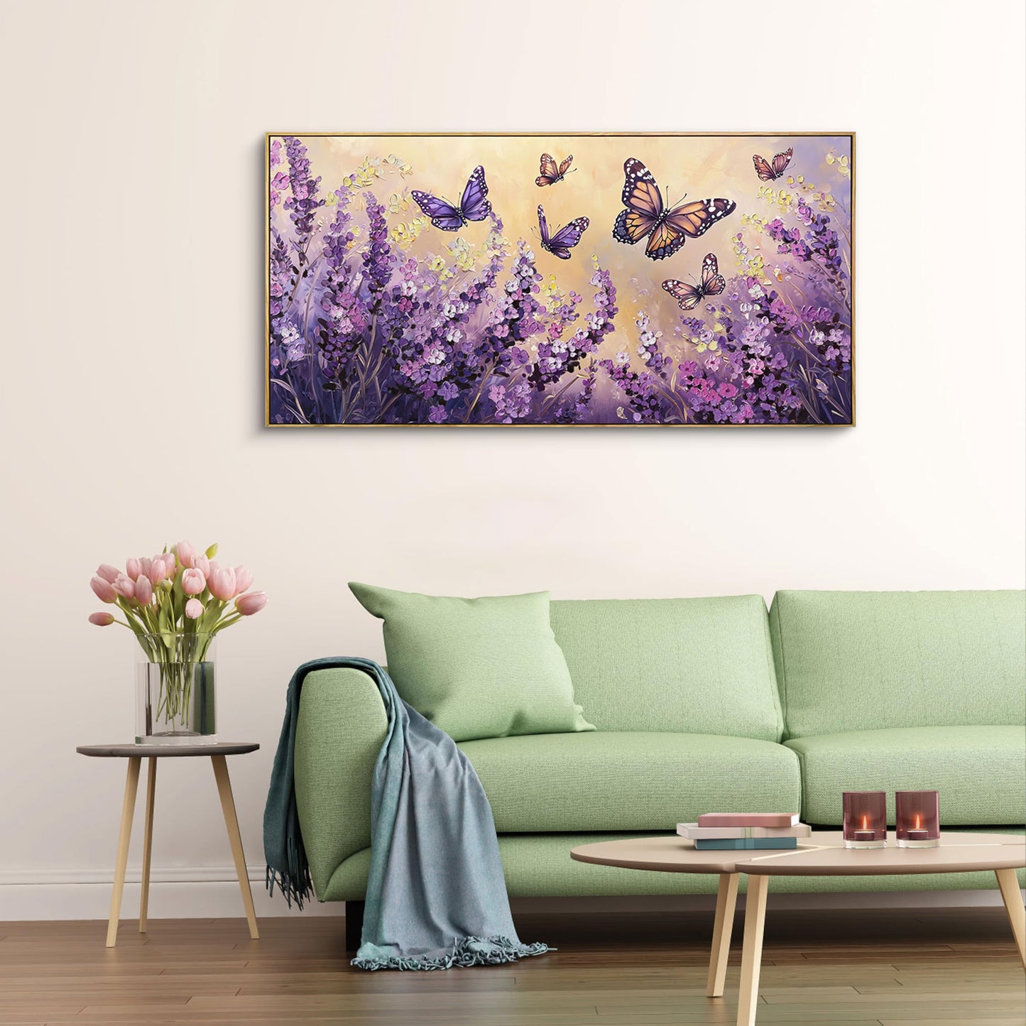 yiijeah 40x20 Inches Poster Frame Wall Art - Purple Lavender Butterfly Picture Artwork Wall Decor for Bedroom Living Room Office Home Decoration