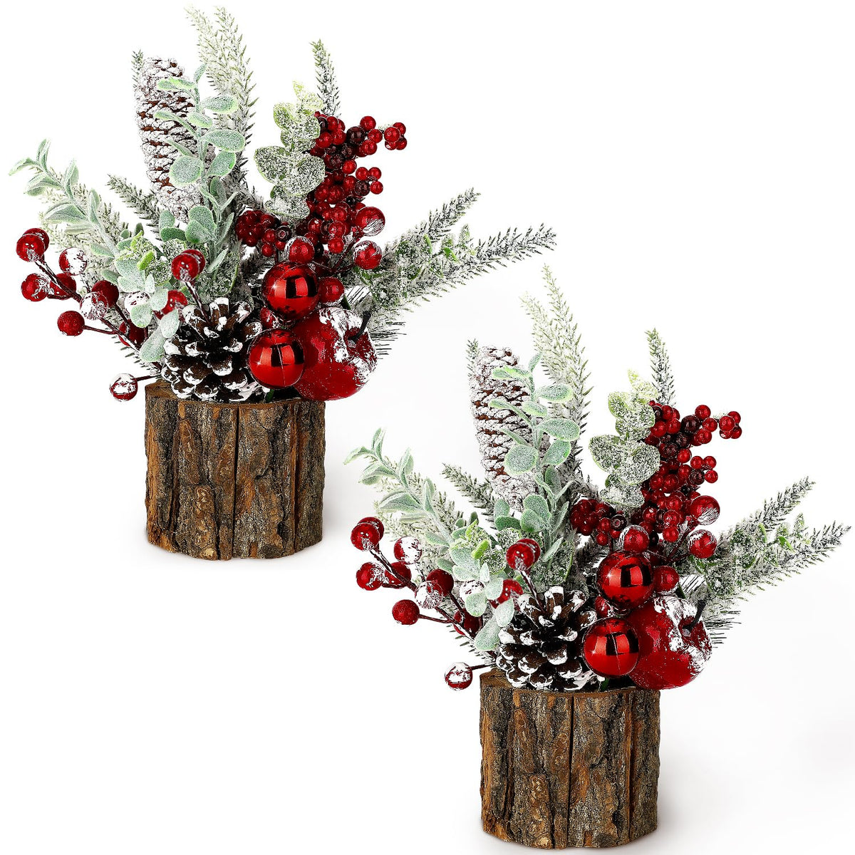 Small Christmas Tree Tabletop Artificial Mini Christmas Tree Decorations with Holiday Ornaments Red Berry Pine Cone Greenery for Home Indoor Fireplace Mantel Xmas Decor (2pcs -Tree Stump-Red)