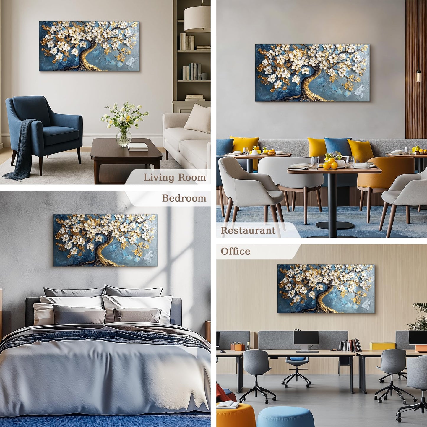SERIMINO Tree of Life Large Canvas Wall Art, Abstract Gold Tree Modern Office Decorations, Nature White Floral Artwork for Walls, Navy Blue Pictures Wall Decor Living Room Bedroom Art Prints 20"X40"