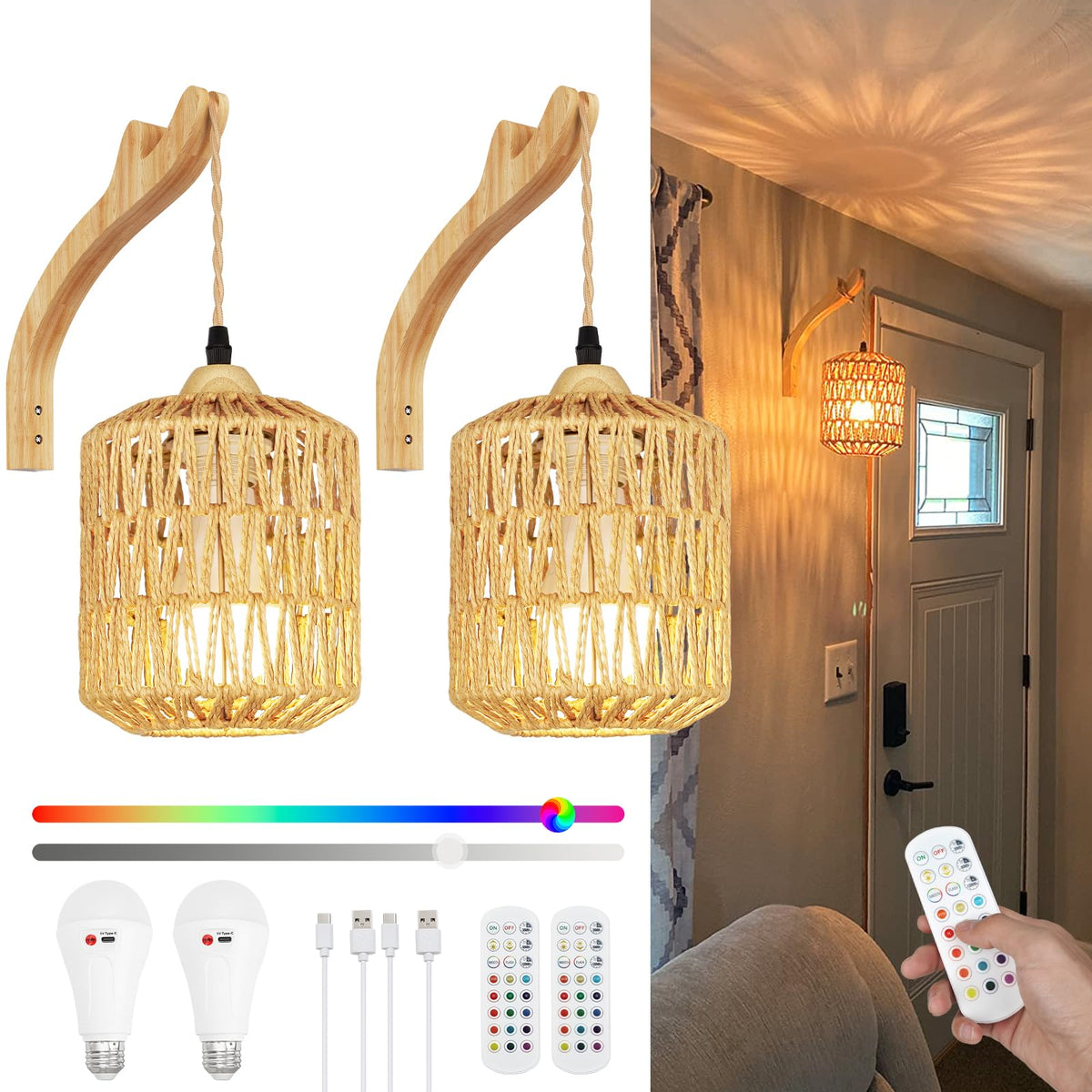 Frideko Boho Rechargeable Wall Sconces Set of Two with Remote, RGB 15 Colors Dimmable Battery Operated Wall Light, Indoor Wireless Wall Lamp with 3 Timer, Farmhouse Rattan Wall Lighting for Bedroom