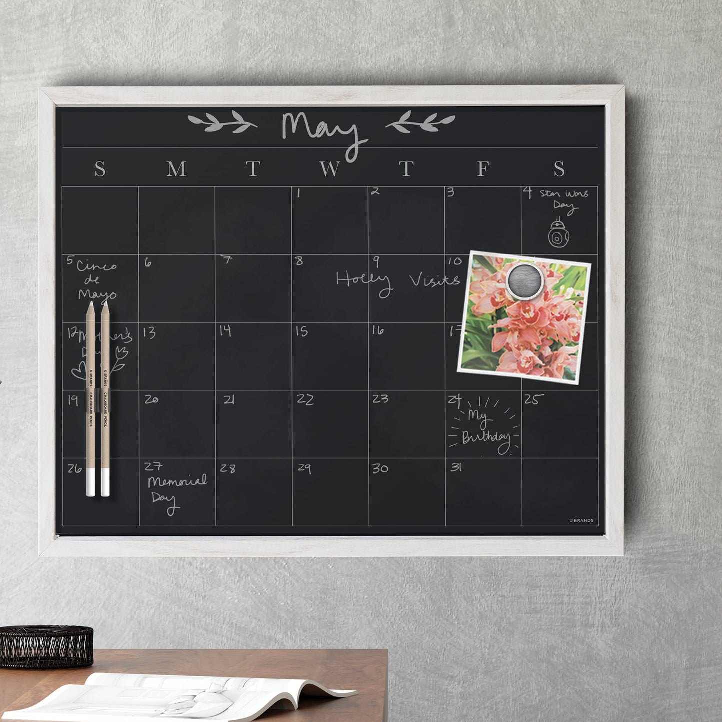 U Brands White Wash Frame Chalkboard Calendar White Board Set, Office Supplies, with Magnet, Chalk Pencils 16” x 20”, 4 Pieces