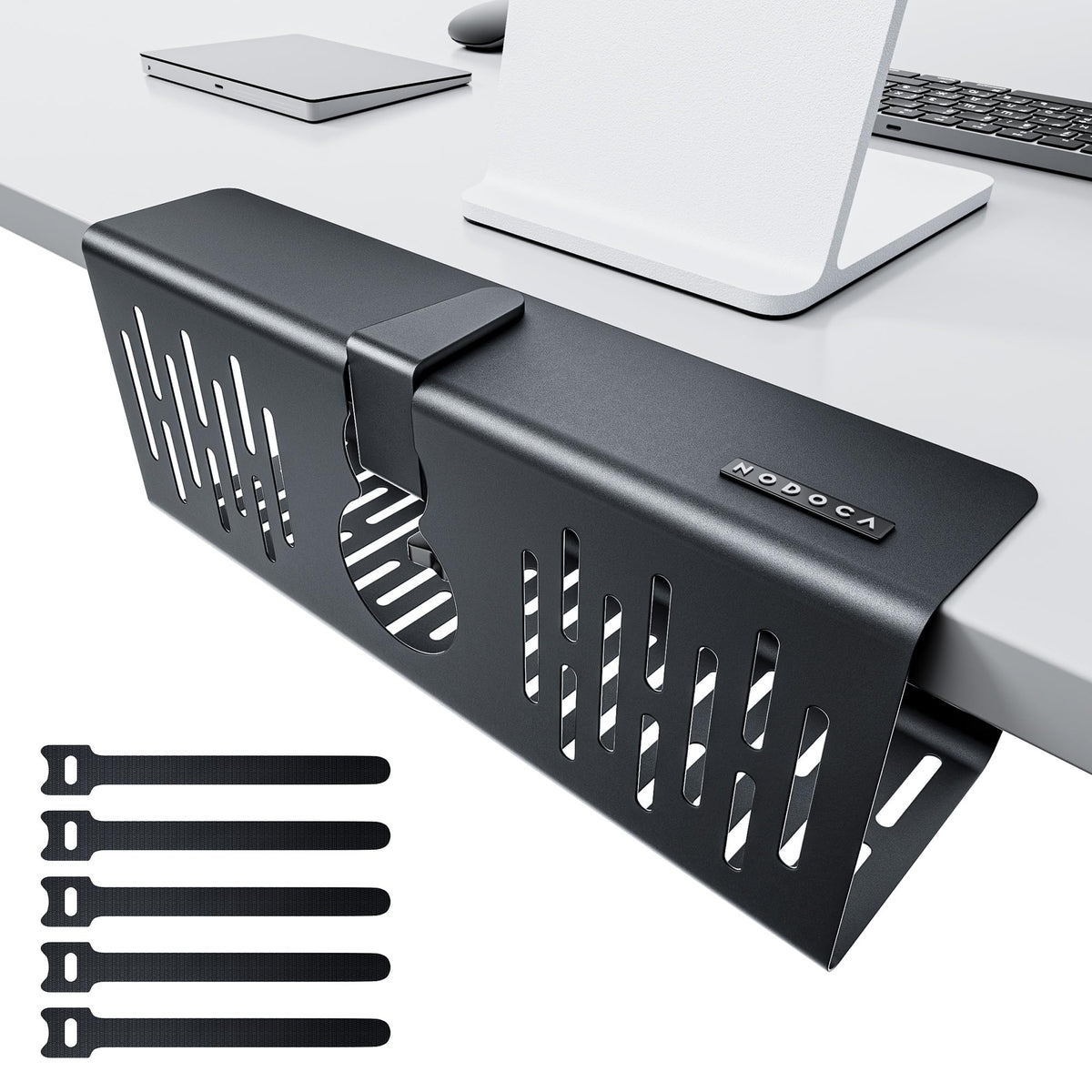 NODOCA No Drill Under Desk Cable Management Tray, 14'' Wire Management, Punch-Free Clamp on, Metal Cable Tray, Wire Organizer Under Desk, Under Desk Basket for Office and Home, Black