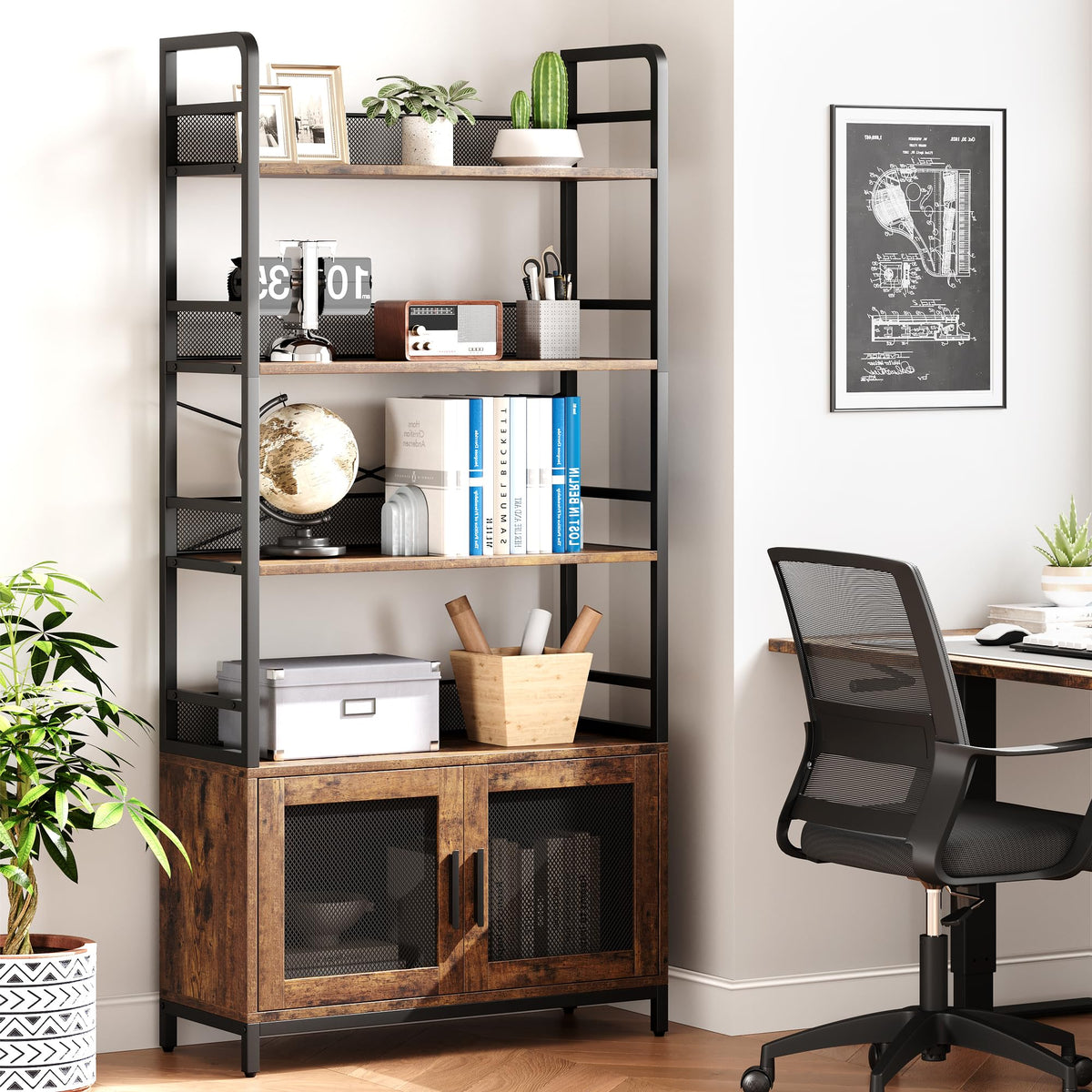 GarveeHome Bookshelf with Doors Industrial Bookcase with 4 Tiers Open Storage Shelf 70.87 in Tall Bookshelves Rustic Display Rack Cabinet for Bedroom, Living Room, Home Office, Brown