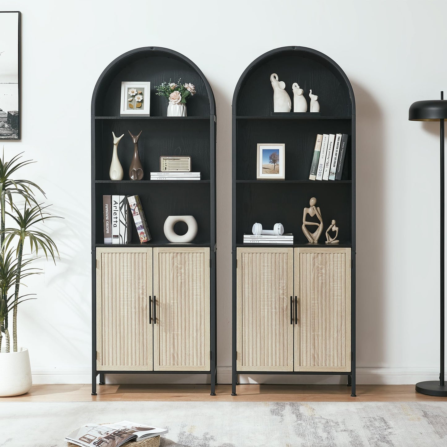VIPLUMI Arched Bookcase Book Shelf with Doors, 5 Tier Display Bookshelf Tall Cabinet with Storage, Industrial Floor Standing Bookshelves Open bookcases for Home Office, Living Room(Oak&Black)