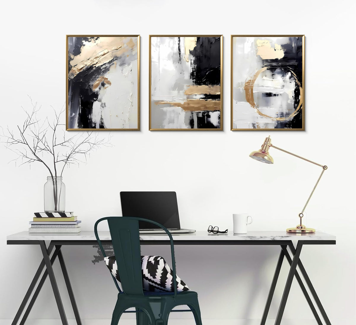 3pcs Black Gold Canvas Wall Art Abstract Geometric Textured Posters Prints Pictures Paintings with Faux Stucco Finish Modern Beige Minimalist Wall Decor for Living Room Bedroom Bathroom Unframed