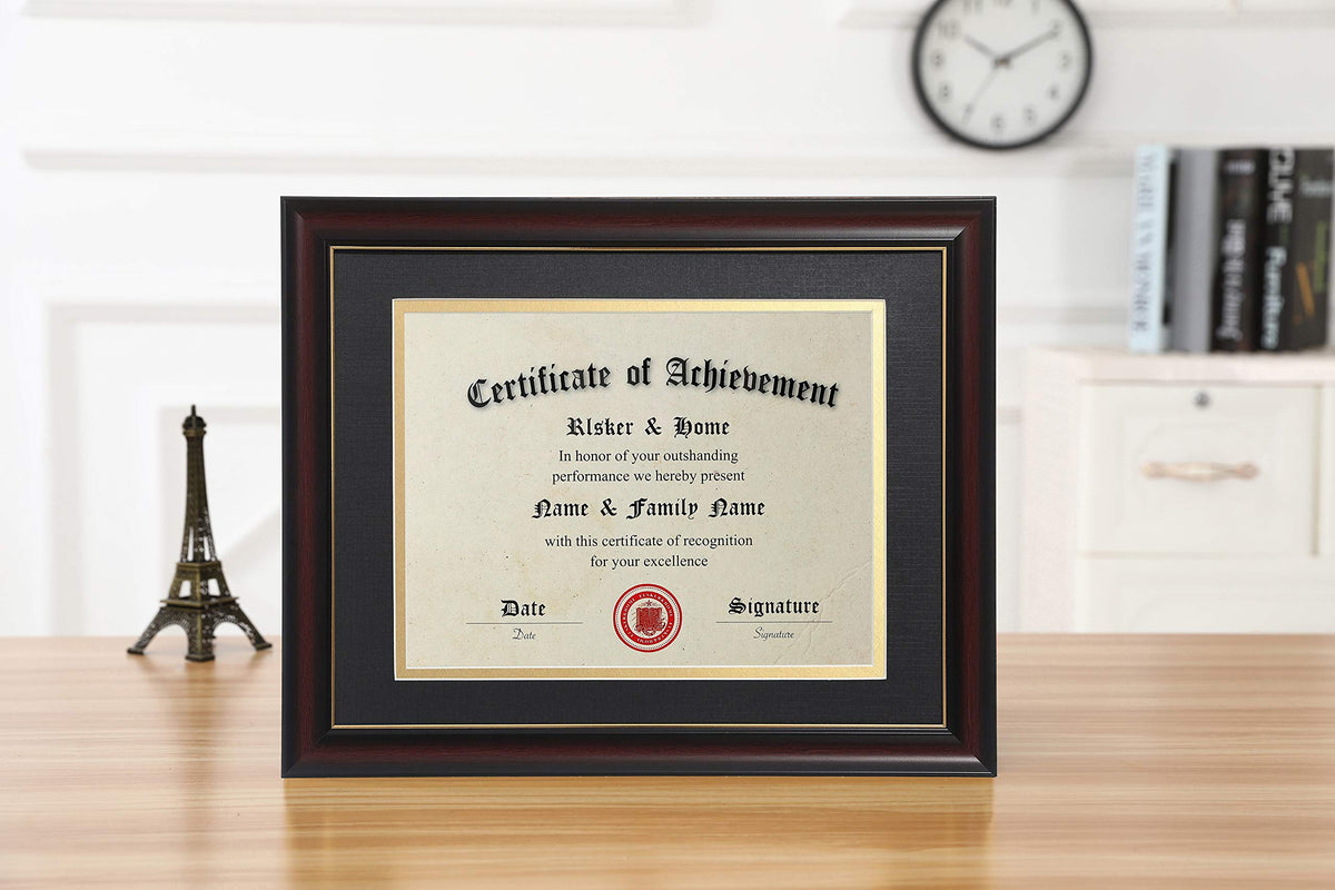 ELSKER&HOME 8.5x11 Diploma Frames with Mat, Classic Cherry Wood, 8.5x11 or 11x14 Inch - Double Matte Black with Gold Rim