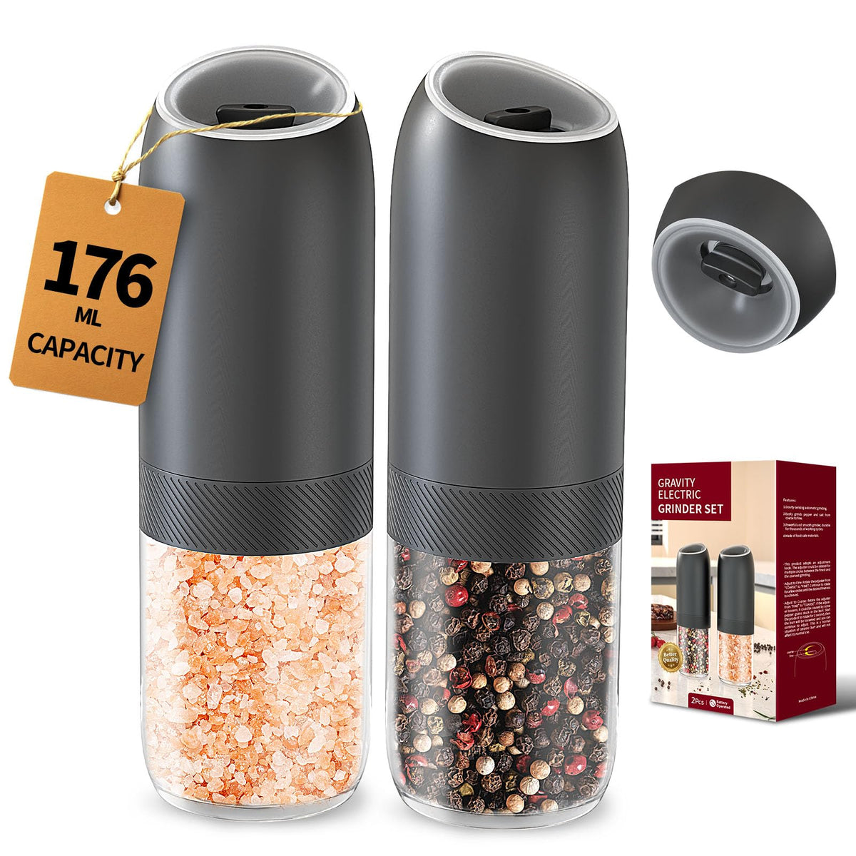 CIRCLE JOY Gravity Electric Salt and Pepper Grinder Set Battery Powered Automatic Pepper Mill Grinders with 176ml Container, Adjustable Coarseness, Bright LED Light and One Hand Operation, Black