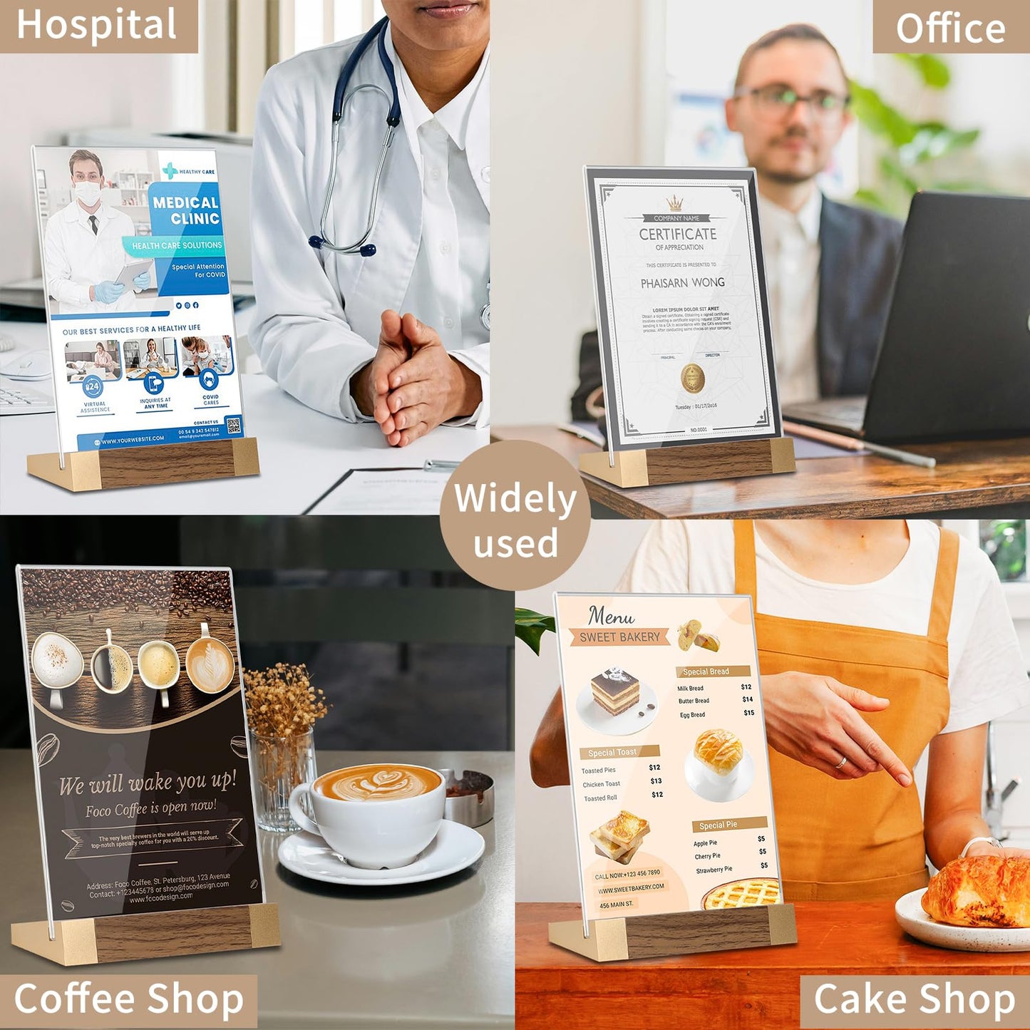 LIANHELILAI Acrylic Sign Holder 8.5 x 11 Inch with Wood-Color Base, Stable Tabletop Display Frame for Menu Flyer Photo, Clear Vertical Stand for Restaurant/Hotel/Office/ Exhibition – Easy Use, 2 Pack