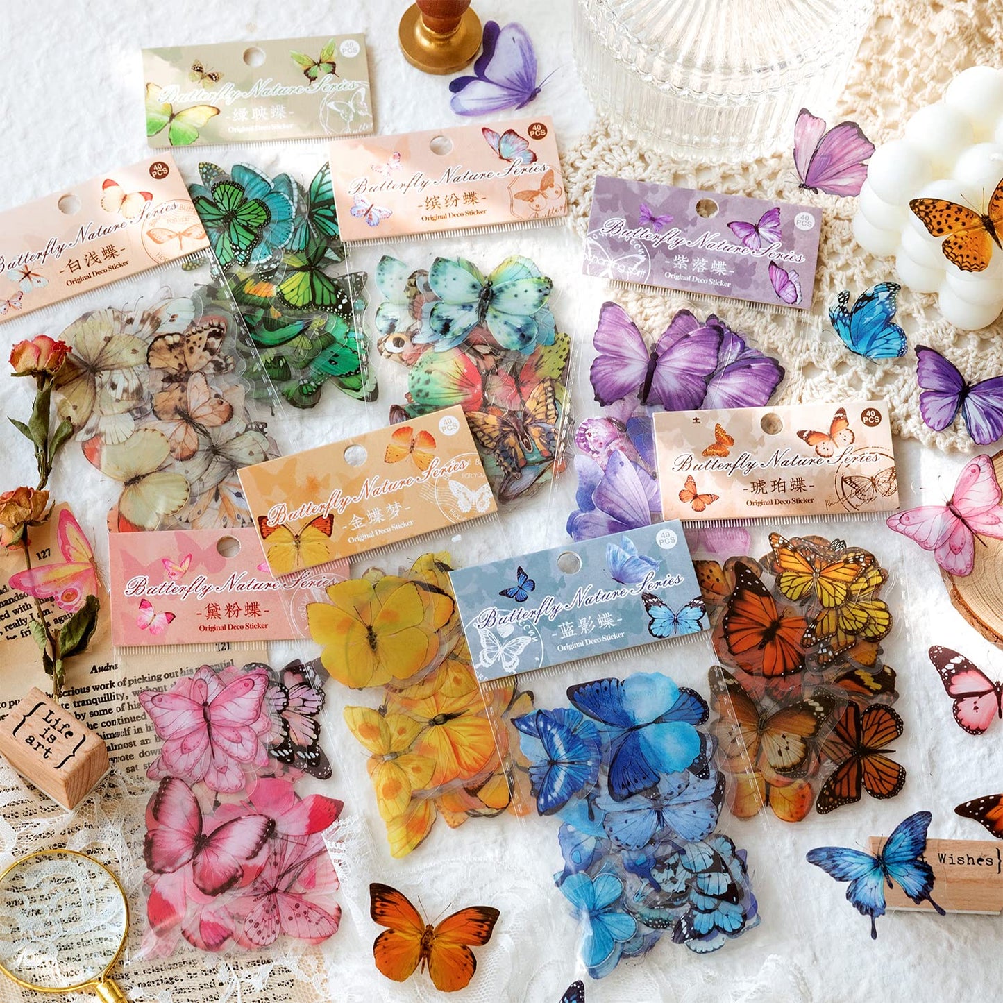 Knaid Butterfly Stickers Set (320 Pieces) Transparent Colorful Butterflies Resin Stickers Decals for Nature Scrapbook Supplies Junk Journal Bullet Journals Planners Laptops Paper Crafts
