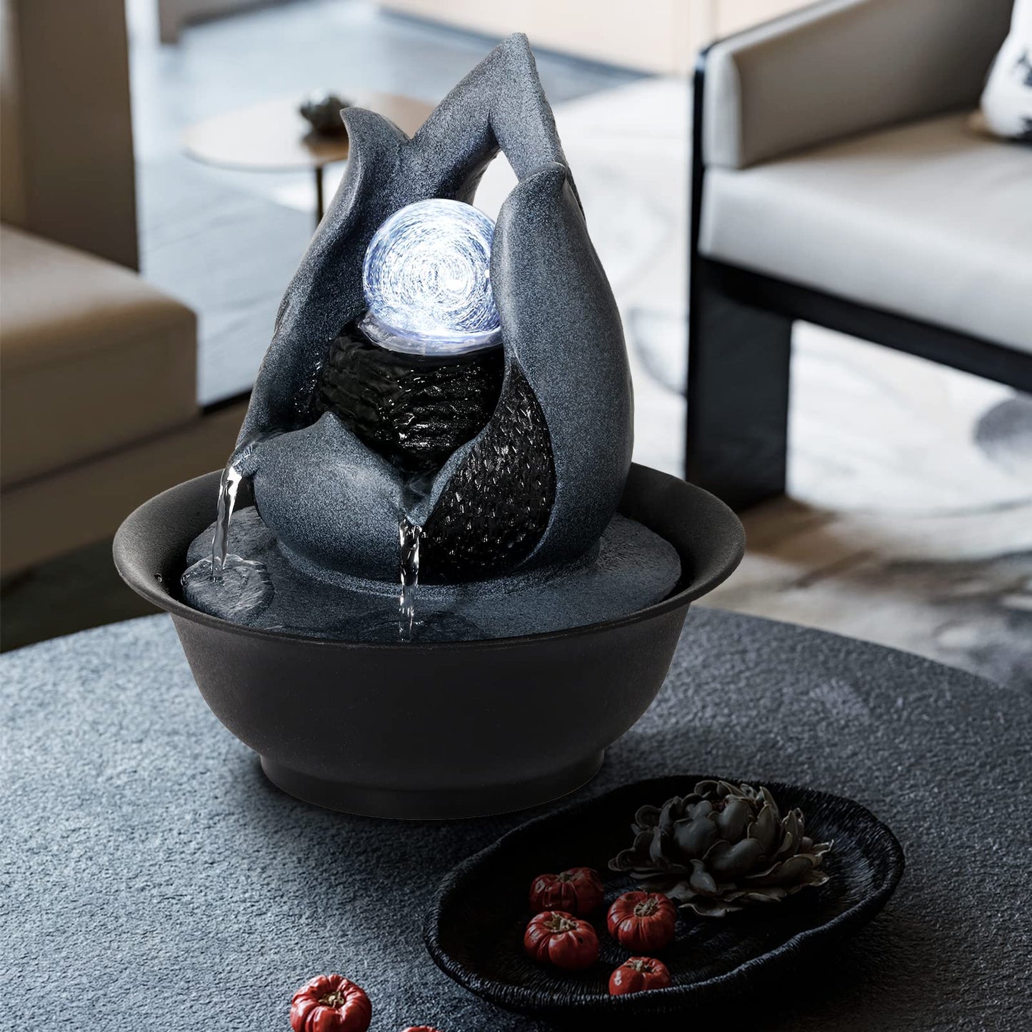 WICHEMI Tabletop Fountain Warer Fountains Indoor Waterfall Fountain Indoor Relaxing Water Feature Meditation Fountains with LED Light for Home Office Bedroom Decor (Style 12)