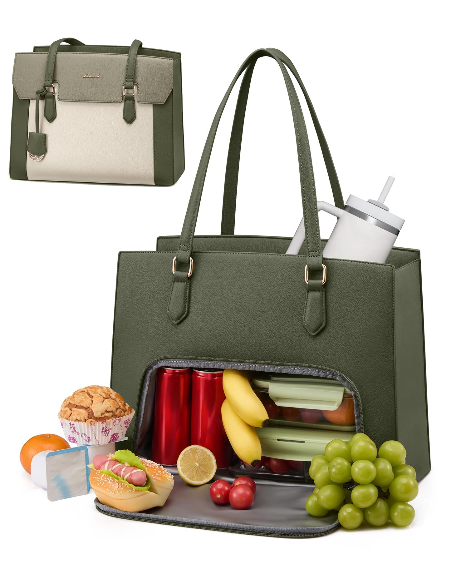 LOVEVOOK Lunch Tote Bag for Women, 15.6 Inch Laptop Work Bag with Insulated Lunch Compartment, Large Capacity Computer Handbag with Cup Holder for Business, Nurse, Teacher, Mommy