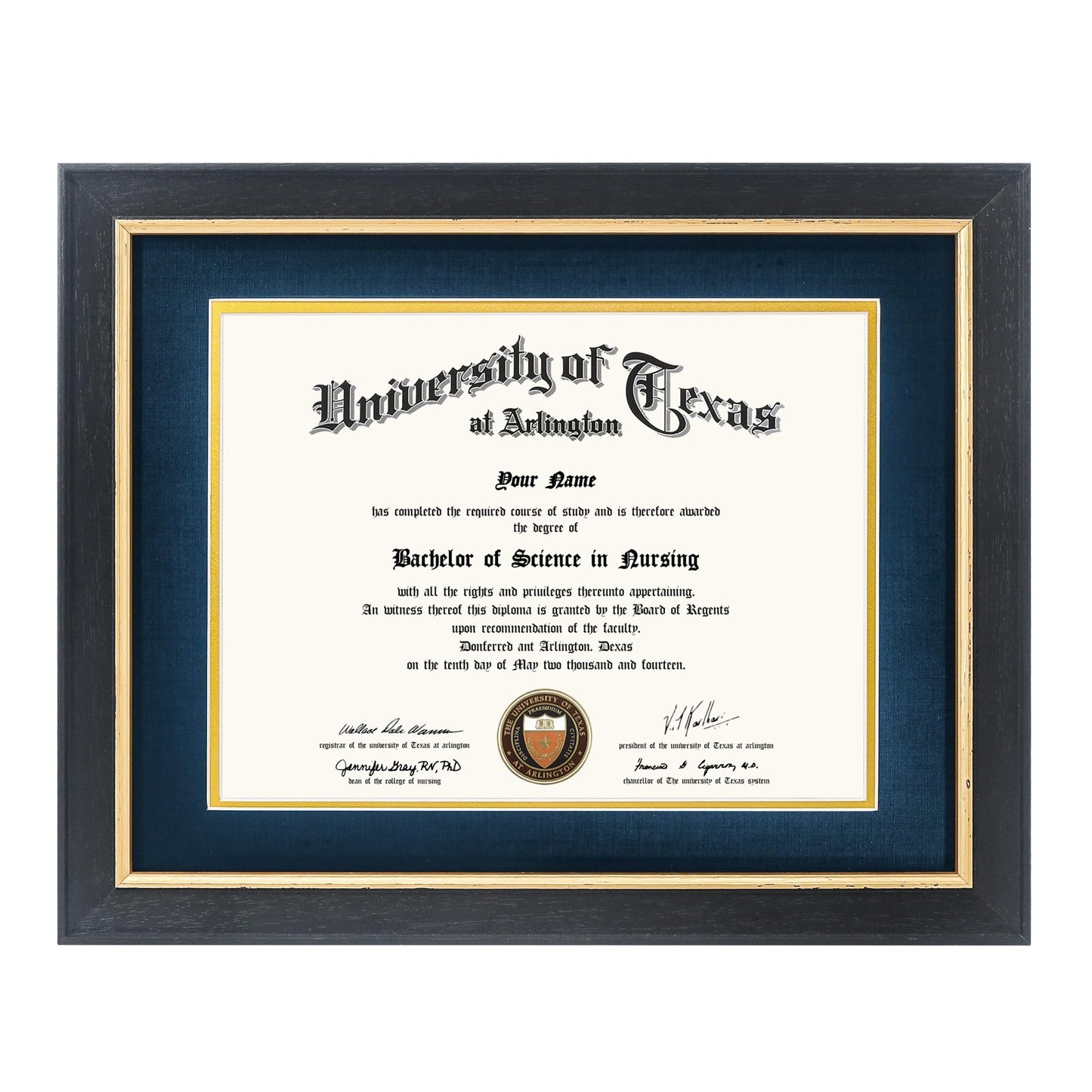GMFrames 8.5x11 Wood Diploma Frame with Navy Mat or Display 11x14 Certificates without Mat,Tempered Glass,Rustic Black Finish with Gold Trim