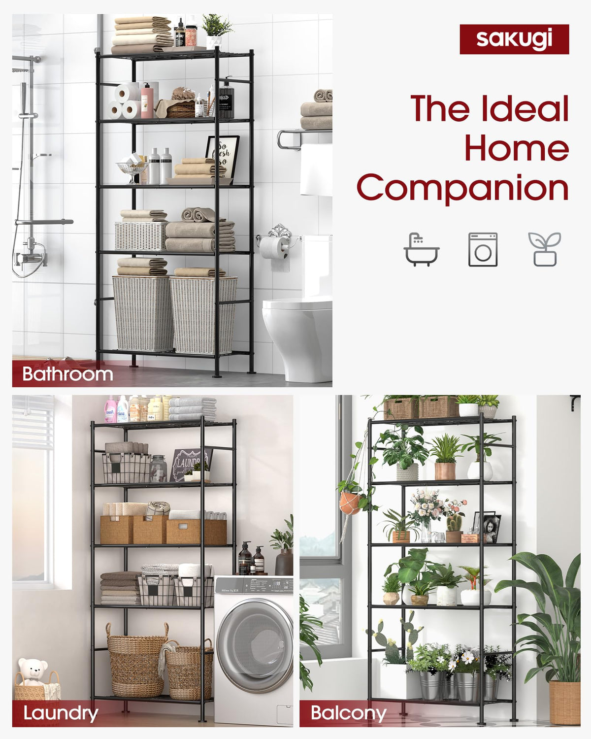 Sakugi Storage Racks - 2 Pack, 5-Tier Freestanding Steel Shelving Units with Reinforced Frame, Adjustable Garage Organization Shelves for Warehouse, Basement, Workshop, 33.5" x 12.6" x 72", Black