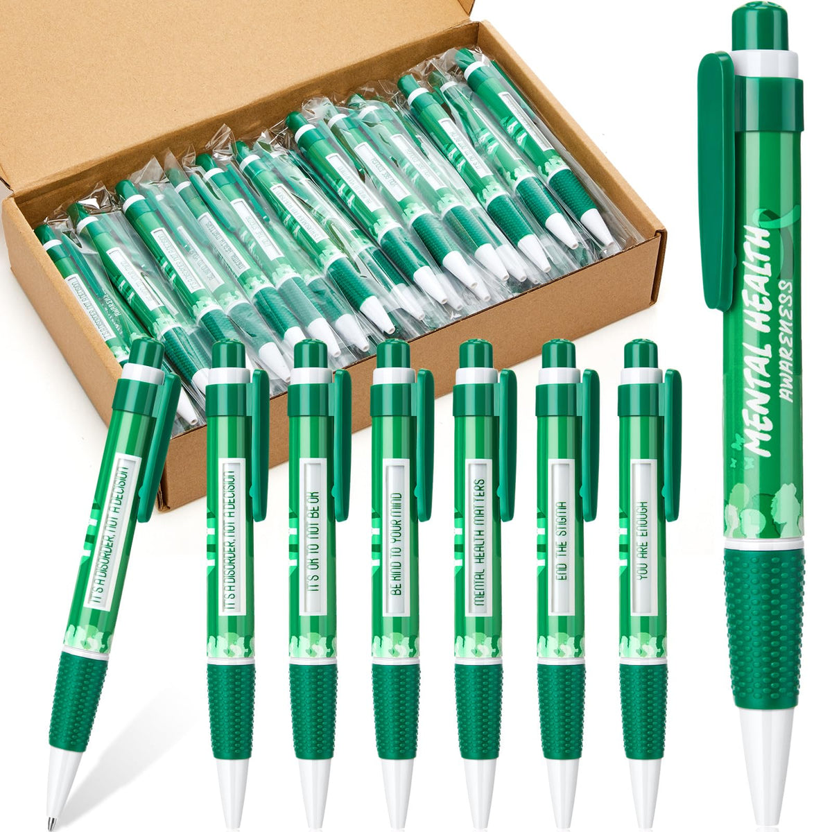 Lincia 50 Pcs Mental Health Awareness Items Green Ribbon Message Pens World Mental Health Day Retractable Ballpoint Pen for School Nonprofit Organization Charity Classroom Supply 1.0 mm Black Ink