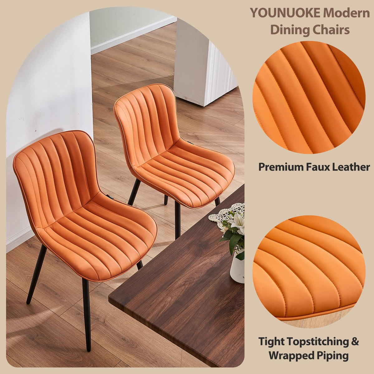 YOUNUOKE Dining Chairs Set of 2 Camel Mid Century Modern Kitchen Chairs Armless Faux Leather Upholstered Dinner Side Chair with Back for Guest Reception Living Room, Matte Orange