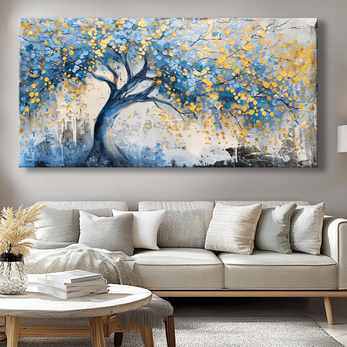 Wall Art Tree of blue Life Abstract Canvas Painting Textured Picture, Modern Landscape Artwork Framed for Living Room Bedroom Bathroom Office Home Decor 40x20in