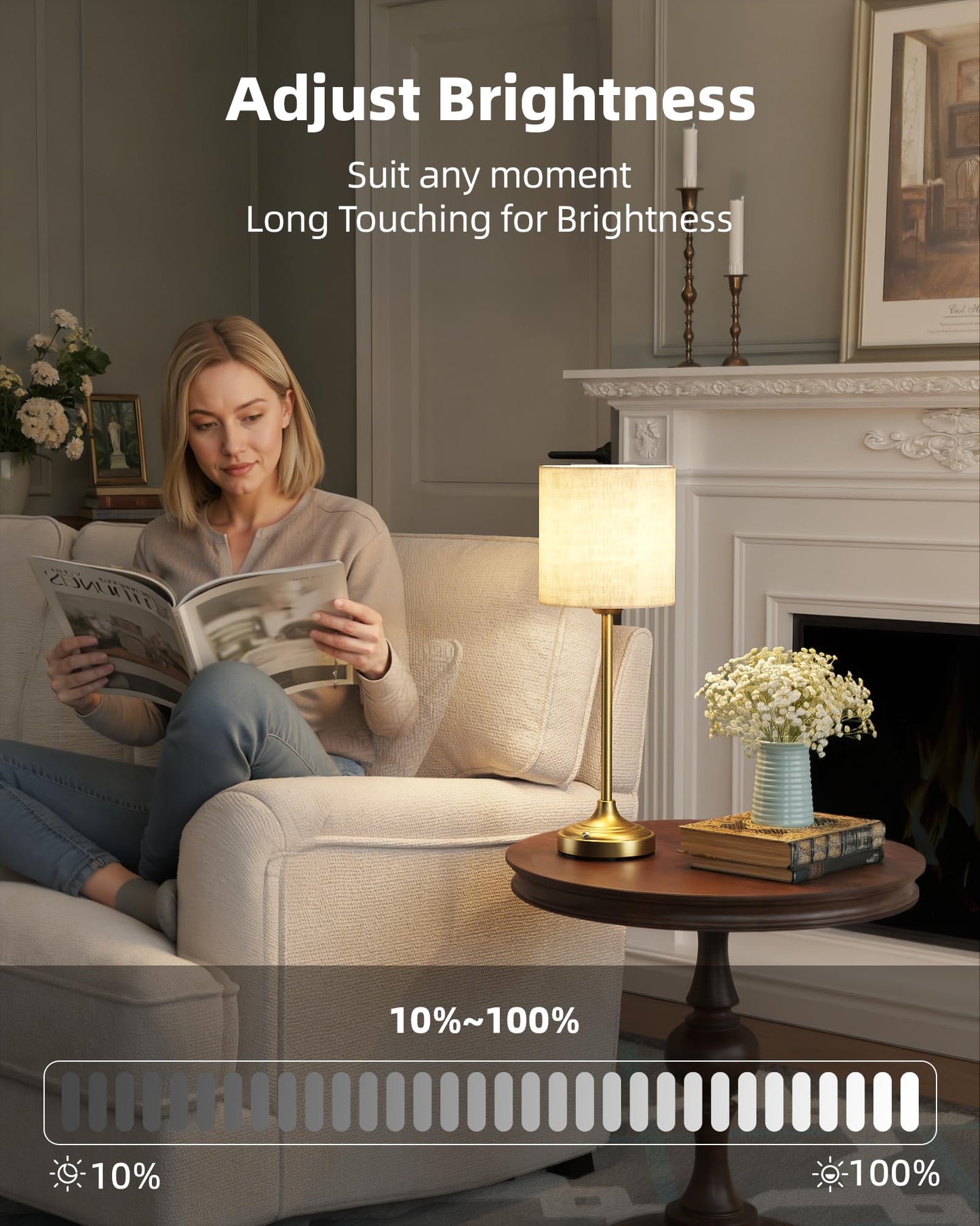 Cordless Table Lamp, 8000mAh, Dimmable, Ambient Light, 2700K, Touch Control, Portable, LED, Wireless, Rechargeable, Battery Operated, Desk Lamp, Kitchen Lamp, Fabric Shade, for Dining Room, Bedroom