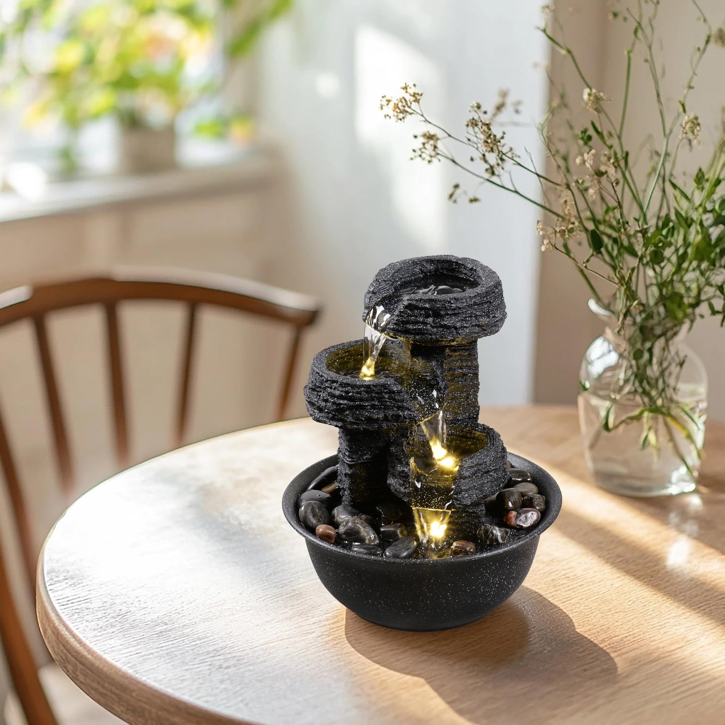 Rock Style Tabletop Fountain with LED Light – Indoor Waterfall Feature for Home or Office Décor, Relaxing Zen Desktop Water Fountain