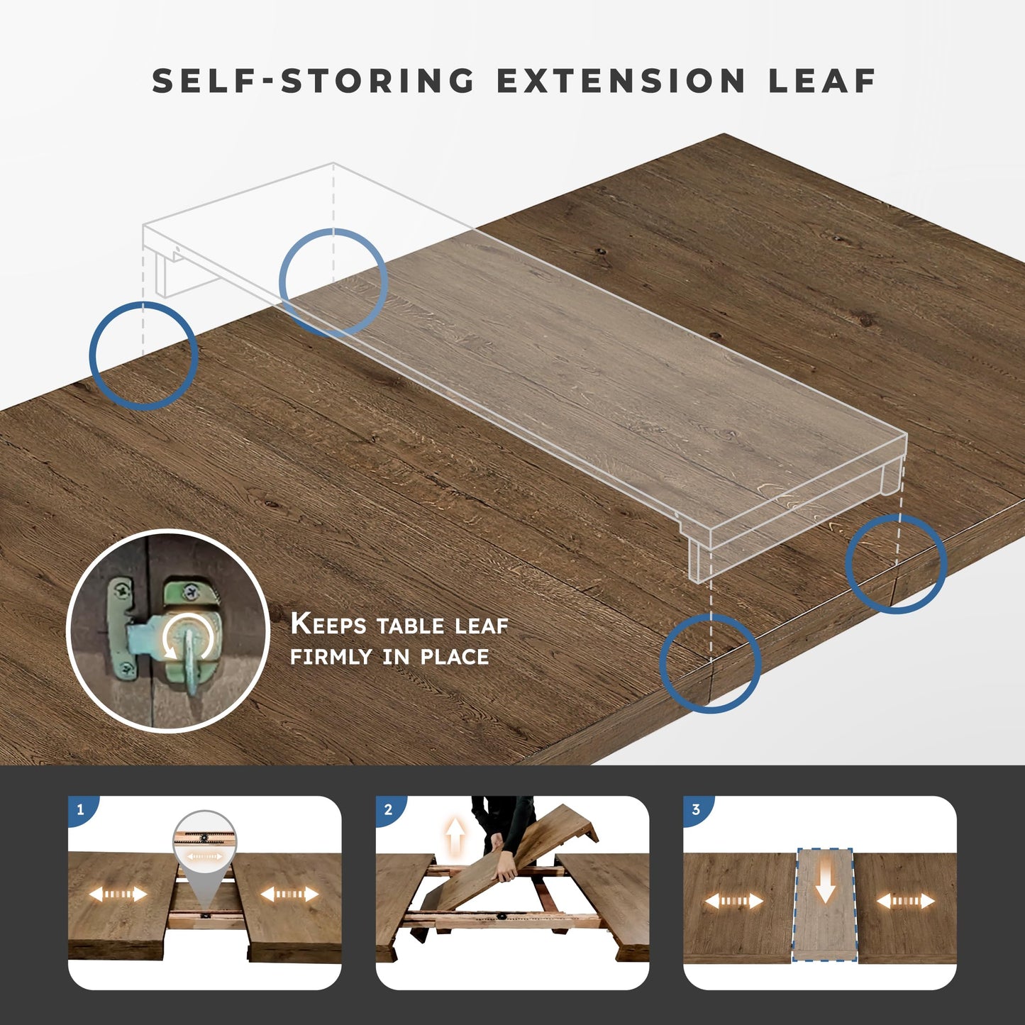 Lexicon 84-102 Inch Extendable Dining Table for 4-8 People, Large Rectangle Wooden Kitchen Table with Self-Storing Extension Leaf Space Saving, for Dining Room, Living Room, Home Office, Brown
