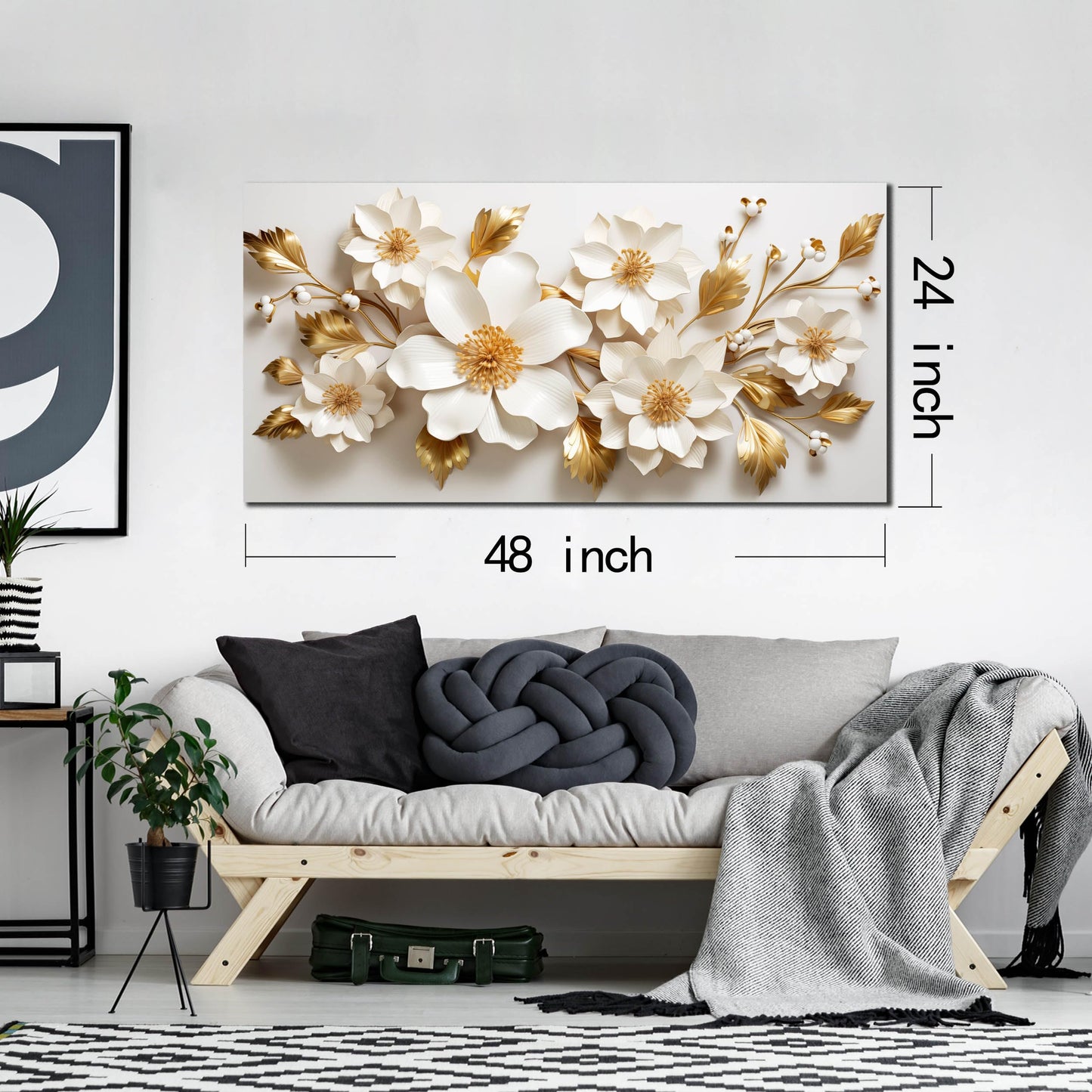 JuhaiArt Gold Wall Decor White 3D Floral Wall Art Elegant Flower Canvas Decor for Bedroom Living Room Office Picture Artwork 24" x 48"
