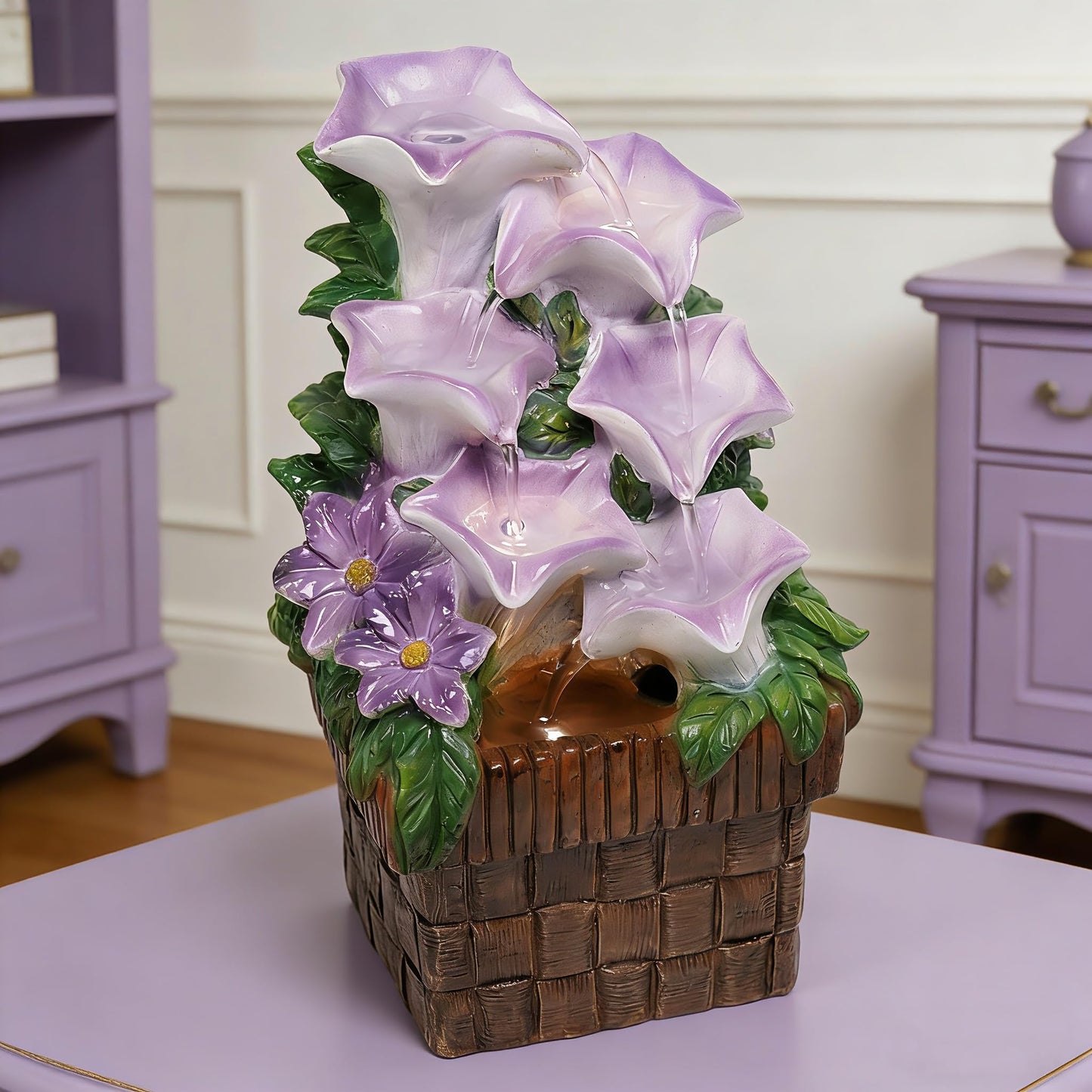 WZAPPKEW Tabletop Water Fountain Purple Water Fountains Indoor Morning Glory Themed Lavender Desk Fountain with Light for Home Heavenly Blue Zen Water Fountain for Room Relaxation Meditation(Lavender)