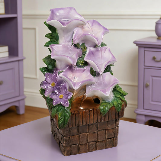 WZAPPKEW Tabletop Water Fountain Purple Water Fountains Indoor Morning Glory Themed Lavender Desk Fountain with Light for Home Heavenly Blue Zen Water Fountain for Room Relaxation Meditation(Lavender)
