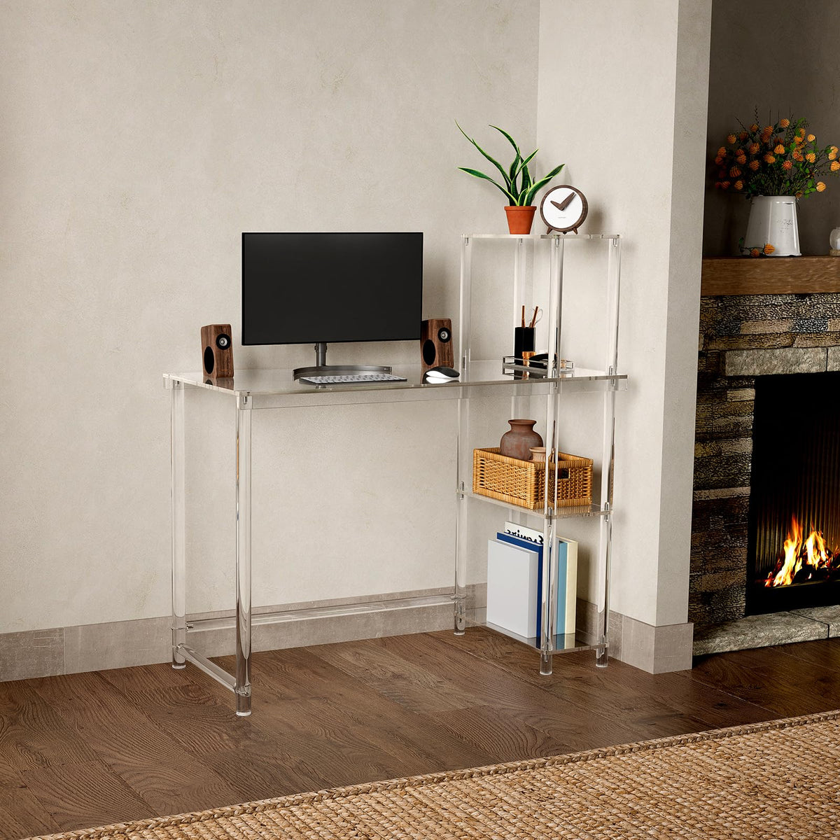 Eglaf Acrylic Desk with 4 Tier Storage Shelves - Modern Computer Desk, Reversible Side Shelf, Easy Assembly, 41.3" L x 19.7" W x 29.5" H, Clear