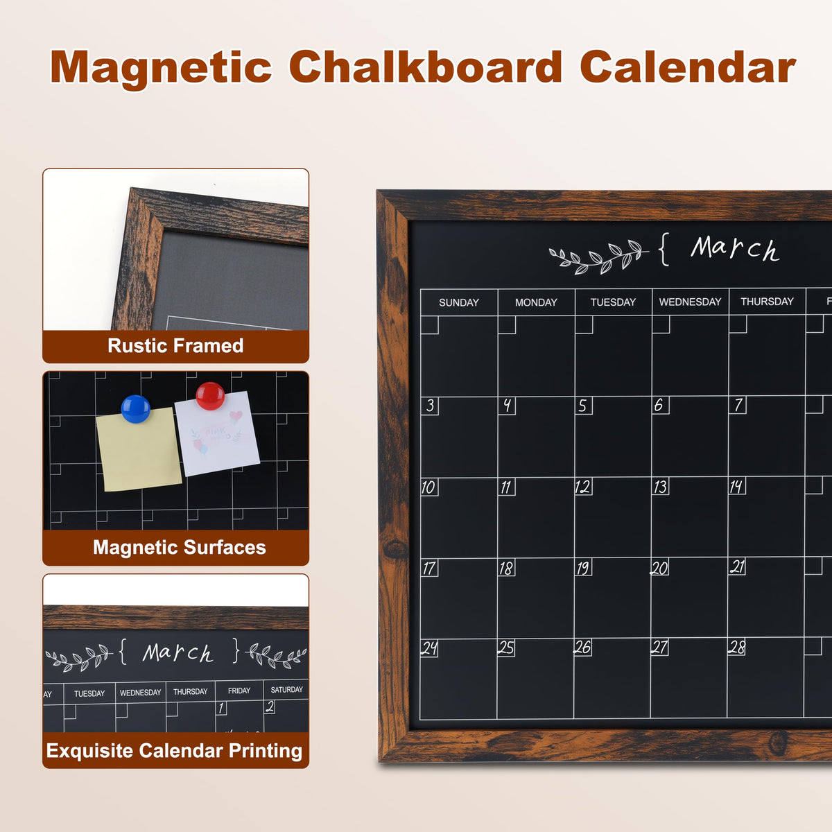 Marribol Chalkboard Calendar for Wall,13" x 17",Small Rustic Framed Magnetic Chalkboard for Home Kitchen Office School