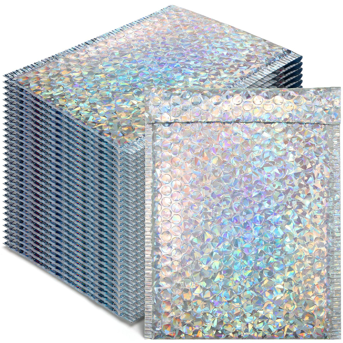 Fulmoon 30 Pieces Holographic Bubble Mailers 4x8 Inch Padded Mailer Holographic Bubble Mailers Padded Envelopes Self Adhesive Cushion Envelopes for Mailing Shipping and Packing(Silver)