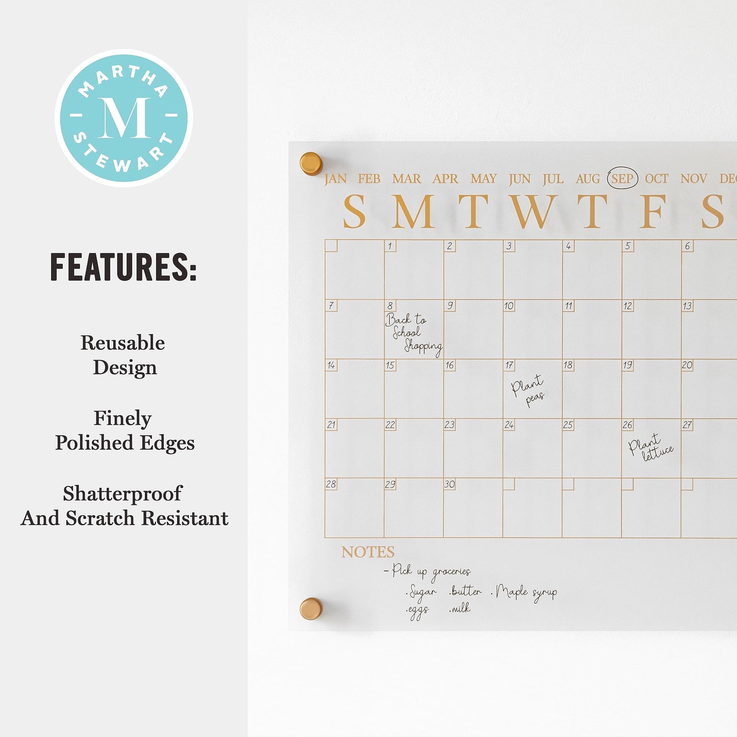 Martha Stewart Grayson Acrylic Dry Erase Wall Calendar with Dry Erase Marker, 14" Square, Clear with Gold Print