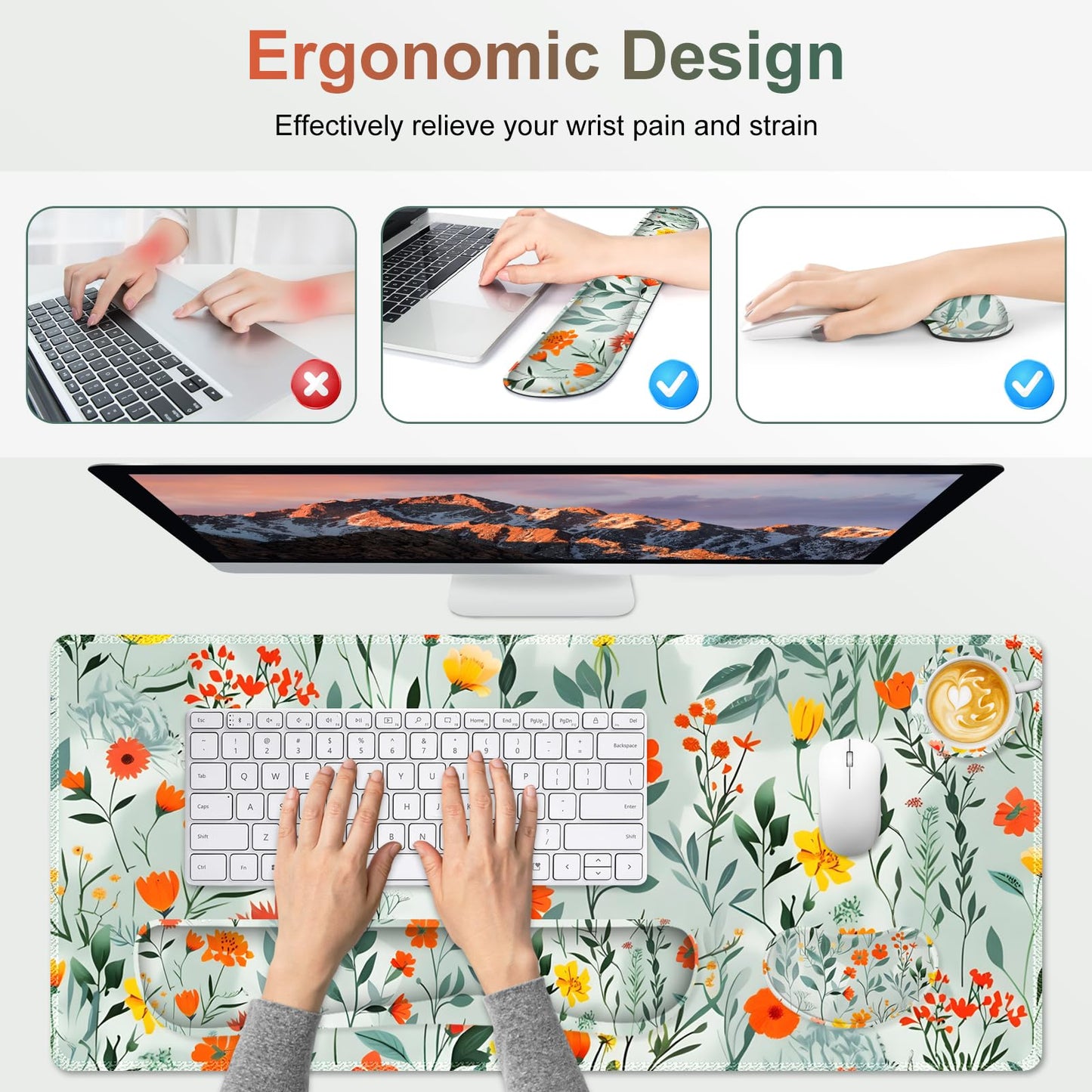 NXZGO Large Gaming Mouse Pad Set, 4 in 1 Ergonomics Keyboard Desk Mat Memory Foam Wrist Rest, Computer PC Extended Game Mousepad, Non-Slip Desk Matt Easy Typing Pain Relief I Blooming Orange Florals