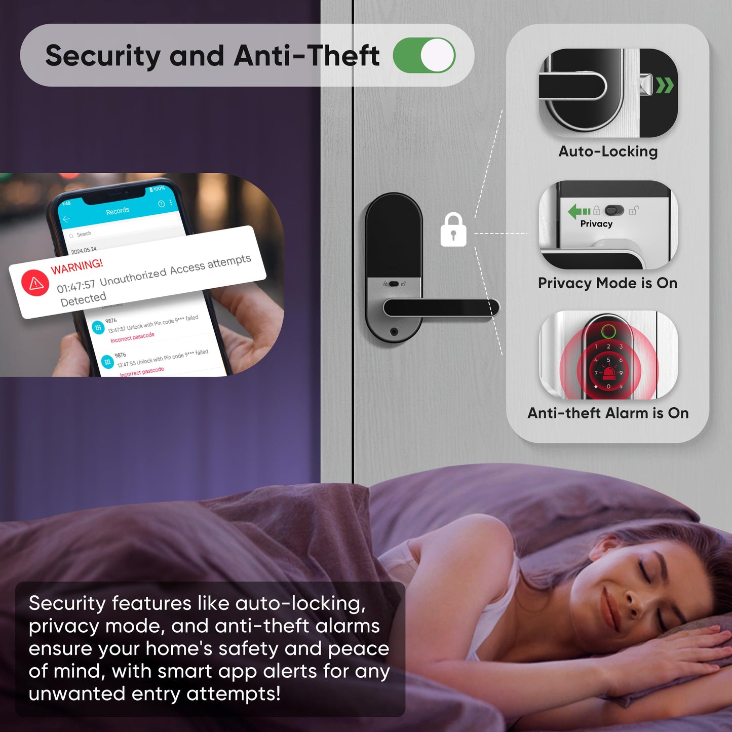 Keyless Entry Fingerprint Digital Smart Lock with Handle & Keypad: Electronic/Electric Lock with Code, App Control Biometric Deadbolt Door Knob for Front, Interior, Exterior & Bedroom Door (Silver)