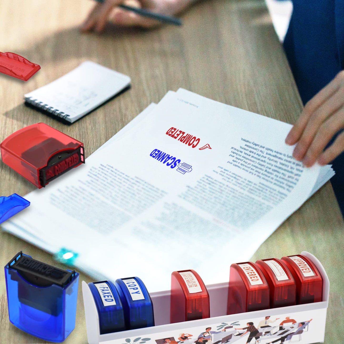 Bertiveny 8 PCS Self-Inking Rubber Stamp Set for Office Stamps Business Stamp Message Account Stamp Paper Work Text Ink Stampers Approved Paid Completed Copy Faxed Scanned Stamps with Plastic Tray