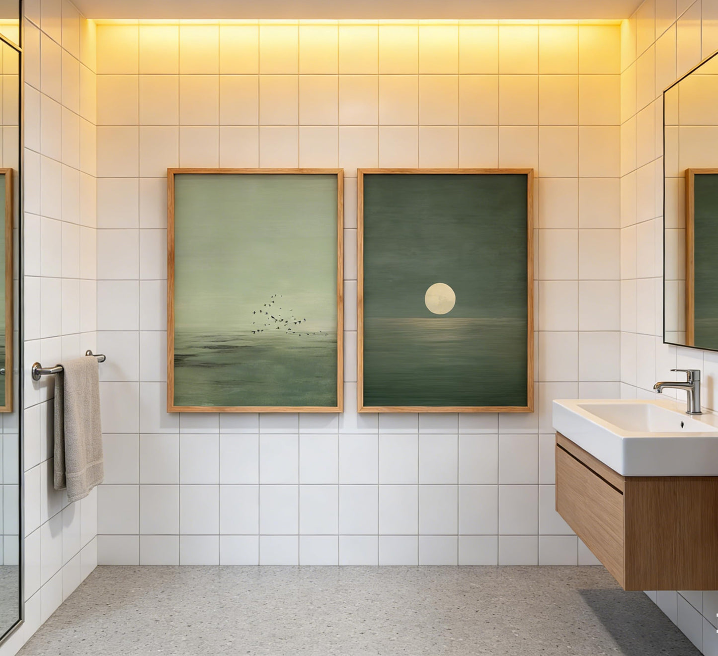 Framed Minimalist Sunset Wall Art Green Ocean Landscape Wall Decor Scandinavian Zen Painting Picture Abstract Landscape Poster Prints Artwork for Bedroom Living Room Office Meditation Room