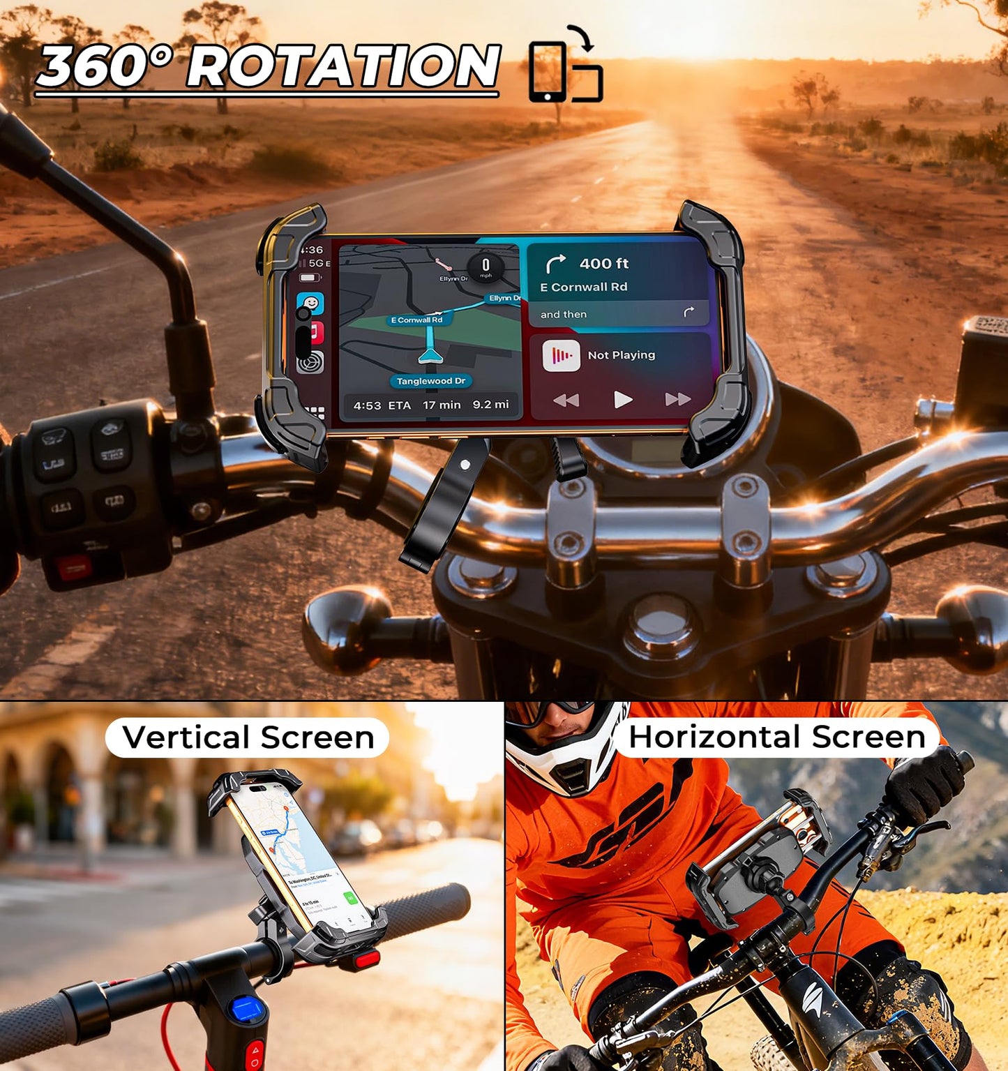 VAZESWIN Motorcycle Phone Mount [Secure Lock] One-Handed Operation Motorcycle Cellphone Holder, Bicycle Scooter Handlebar Clamp, Bike Phone Mount with Aluminum Alloy Base Fit for 5.4"-7.2" Smartphone