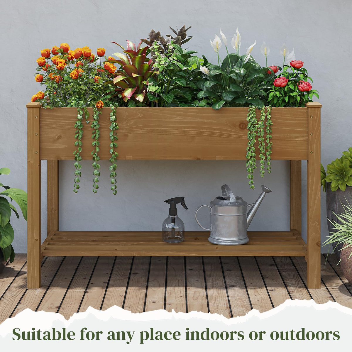 PULIJIAJU PL 48x24x30.5IN Raised Garden Bed with Legs Elevated Wooden Planter Box Stand Large Planter Stand Box for Fruits Vegetables Flowers Herbs w/Divider Liner (Brown-M)