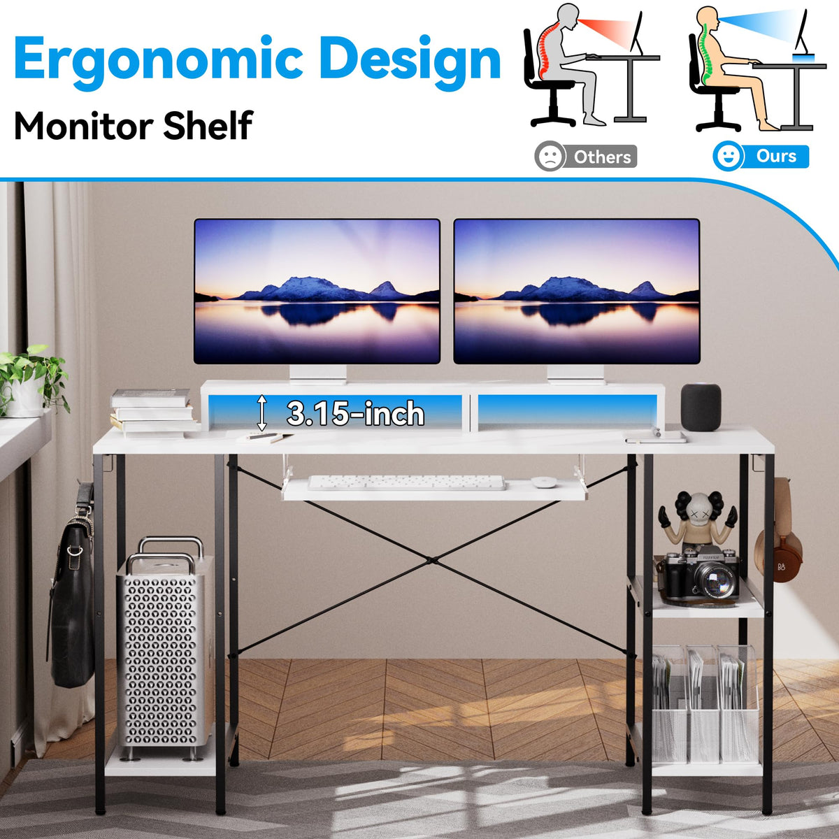 HYPIGO Computer Desk with Keyboard Tray, 55 Inch Music Studio Desk Music Production Desk with Storage Shelves Monitor Stands and 4 Iron Hooks, Workstation Gaming Table for Home Office