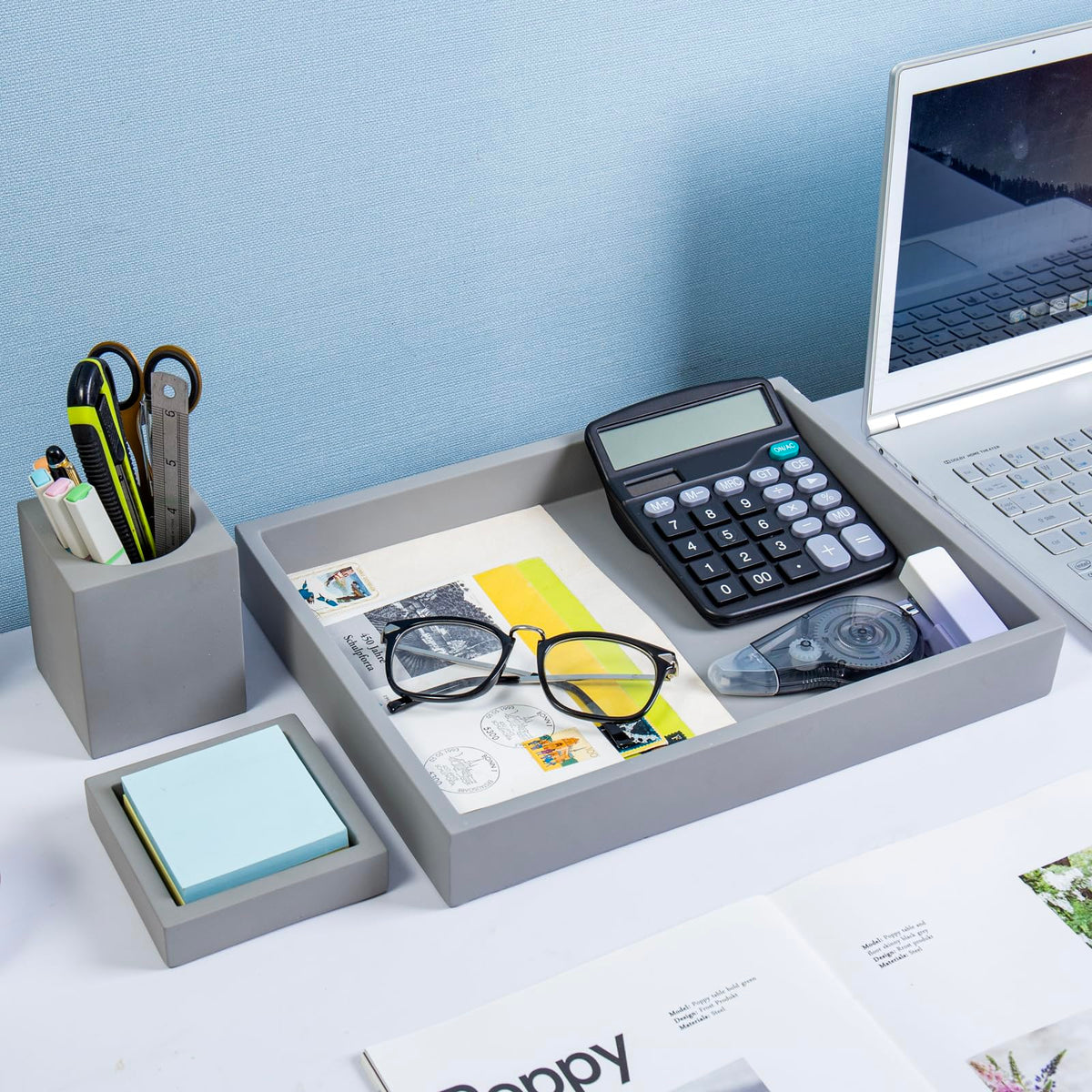 MyGift 3 pcs Set Modern Gray Concrete Desk Organizer Trays, Desktop Office Paper Tray, Stationery Holder Pencil Cup, Sticky Note Pad Holder