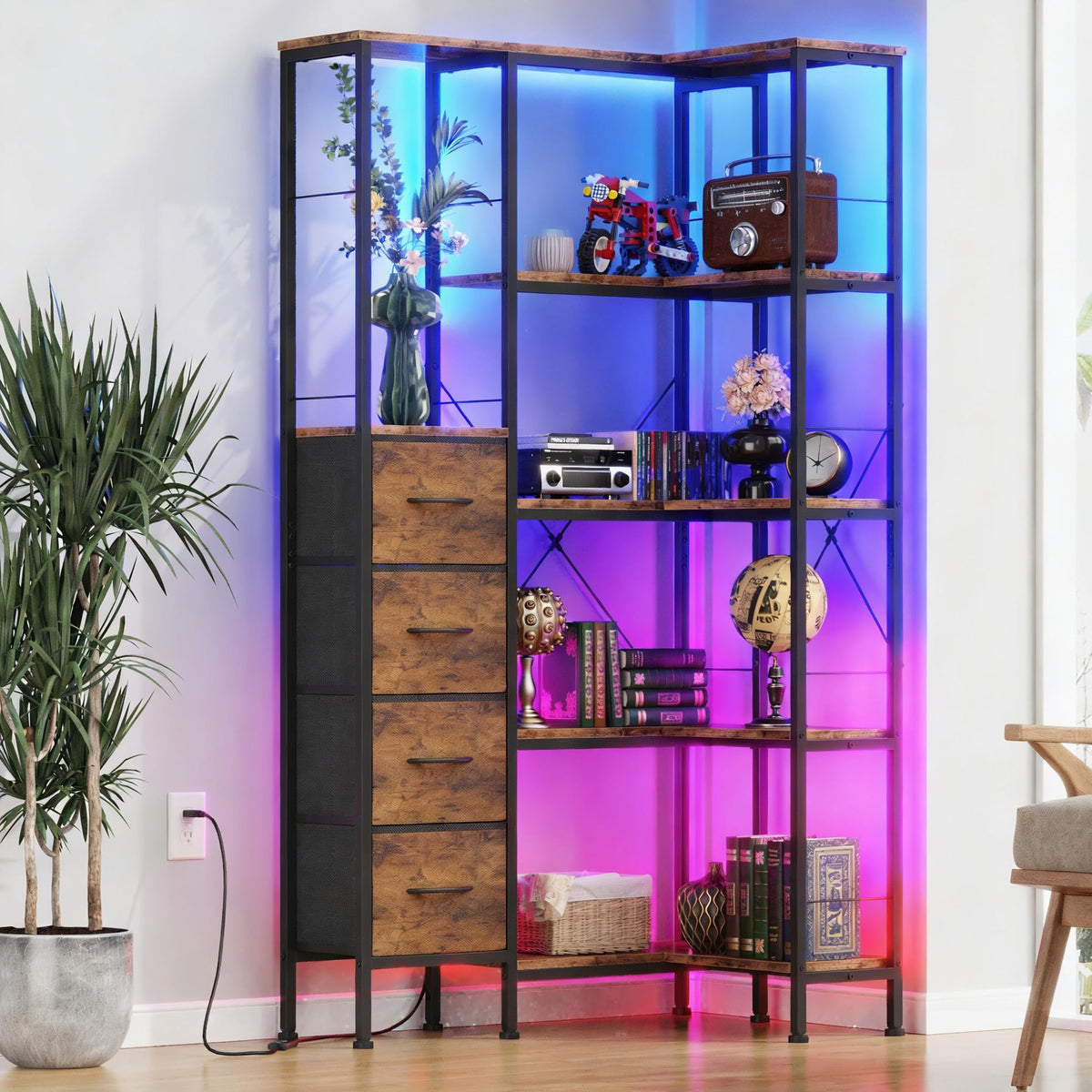 AFLUI Corner Bookshelf with LED Light Strips & 4 Fabric Drawers, 5-Tier Convertible Corner Shelf with Display Shelf, Large Wood Industrial Bookcase for Living Room, Bedroom, Home Office, Rustic Brown