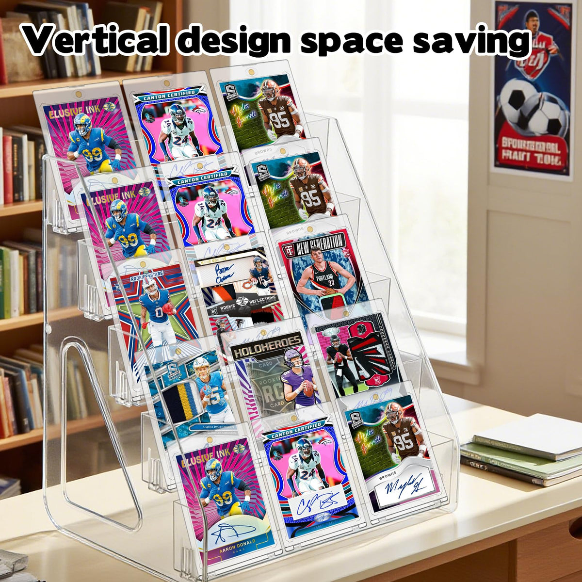 Hlimior 5 Tier Acrylic Card Display Stand(Tall Height), Clear Display Shelf Desktop for Trading Cards, Sports Cards, Greeting Card, Stickers & Brochures, Easy Clip-On Design