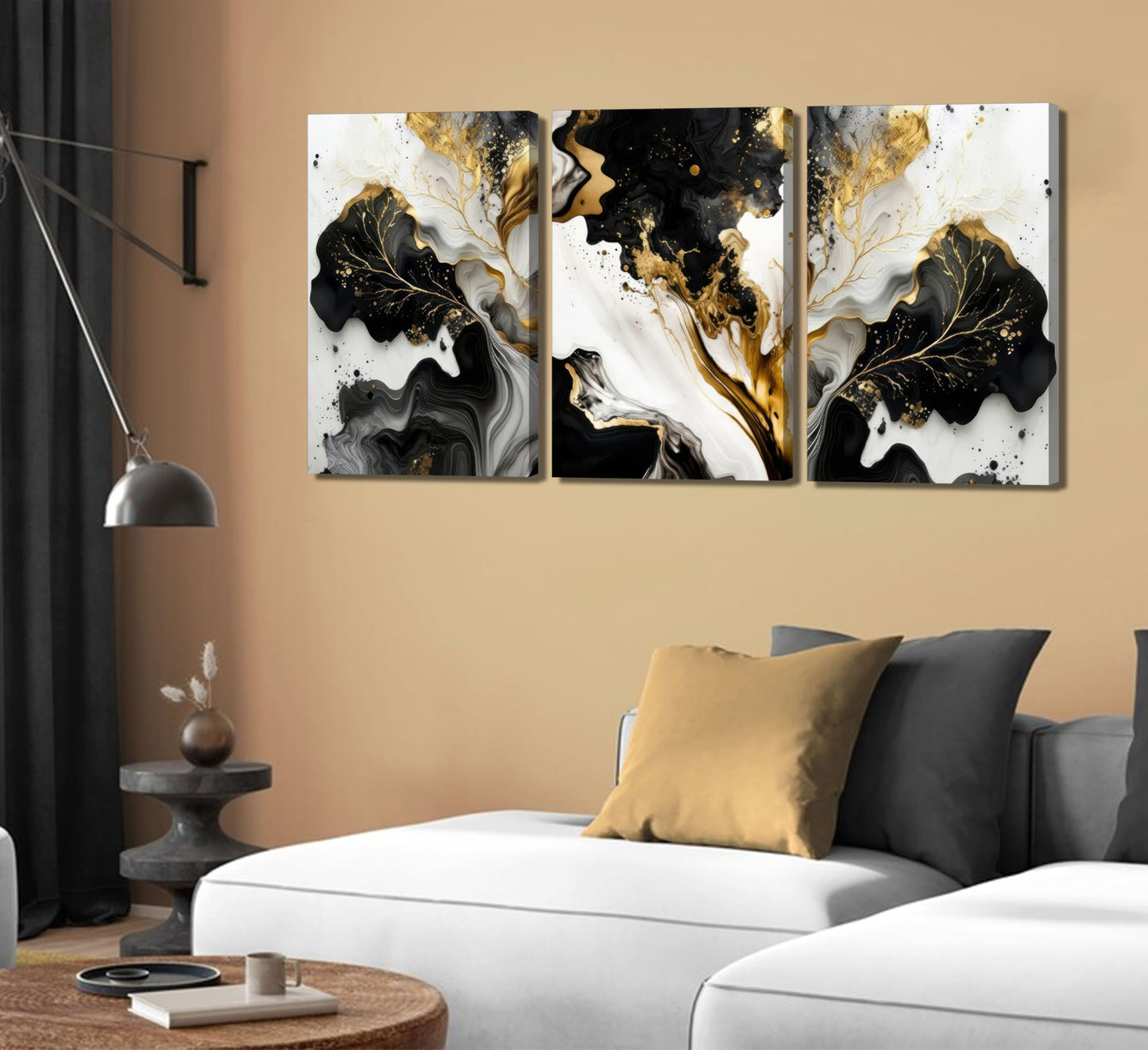 3Pcs Abstract Marble Canvas Wall Art Picture Black White Gold Texture Poster Print Modern Painting Wall Decor for Bedroom Living Room Office 12x16in Framed