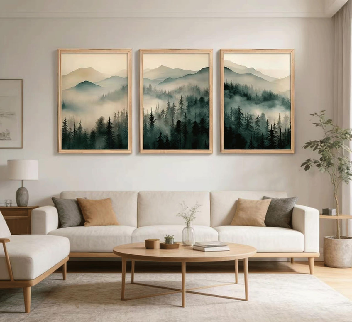 Framed Misty Mountain Forest Wall Art Set, Mordern Calming Pine Forest Oil Painting Canvas Prints, Smoky Mountain Landscape Wall Decor, Green Natural Scenery Poster for Living Room Bedroom Office