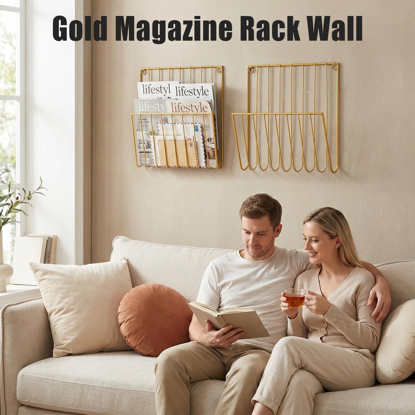 Pipigaty 2-Pack Wall Magazine Holder File Organizer Mental , Wall Mounted Magazine Rack for Space-Saving, Walls Magazine Holder for Mail, Bathroom & Home Office Organizer, Office Living Room(Gold)