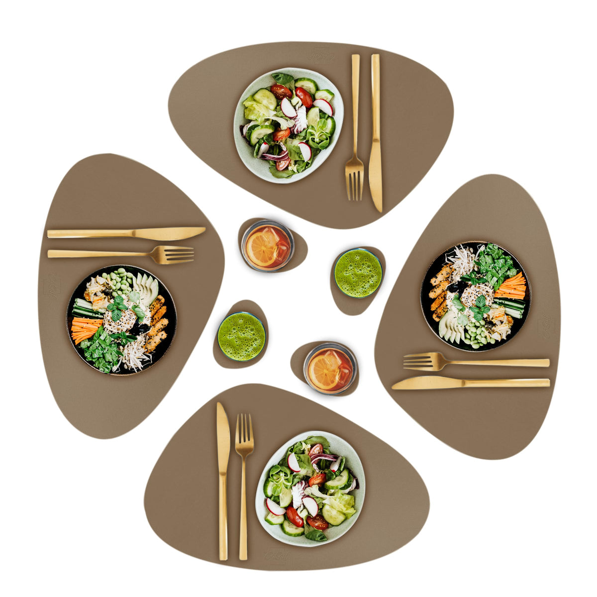 CaSail Faux Leather Placemats and Coasters - Set of 4 Round Modern Havana Table Mats for Dining - Heat Resistant, Waterproof & Non Slip Place mat for Indoor & Outdoor - Wipeable for Easy Care